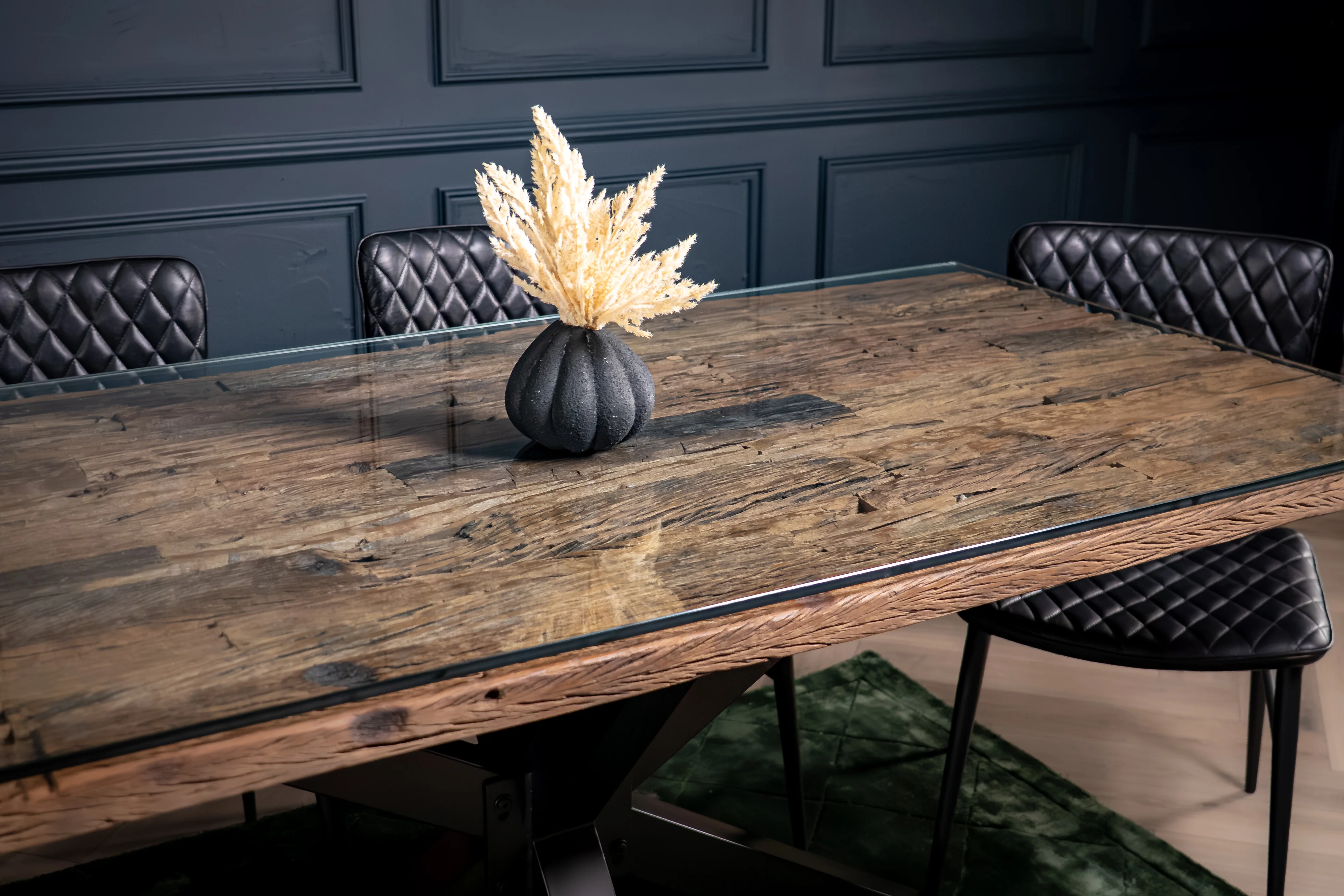 Recycled Wood Dining Table 220cm – Forest Glass Top Spider Frame I 90 cm wide - Image 4