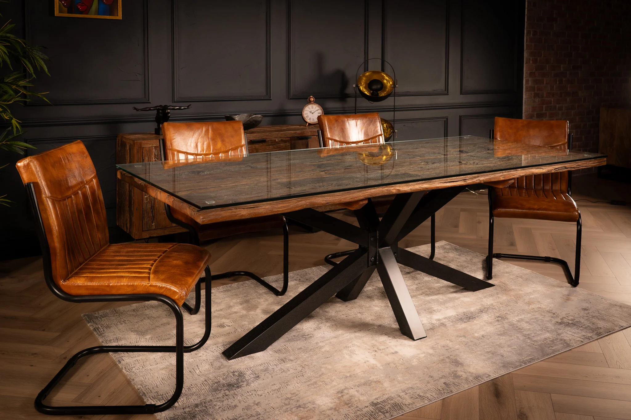 Recycled Wood Dining Table 220cm – Forest Glass Top Spider Frame - Image 3