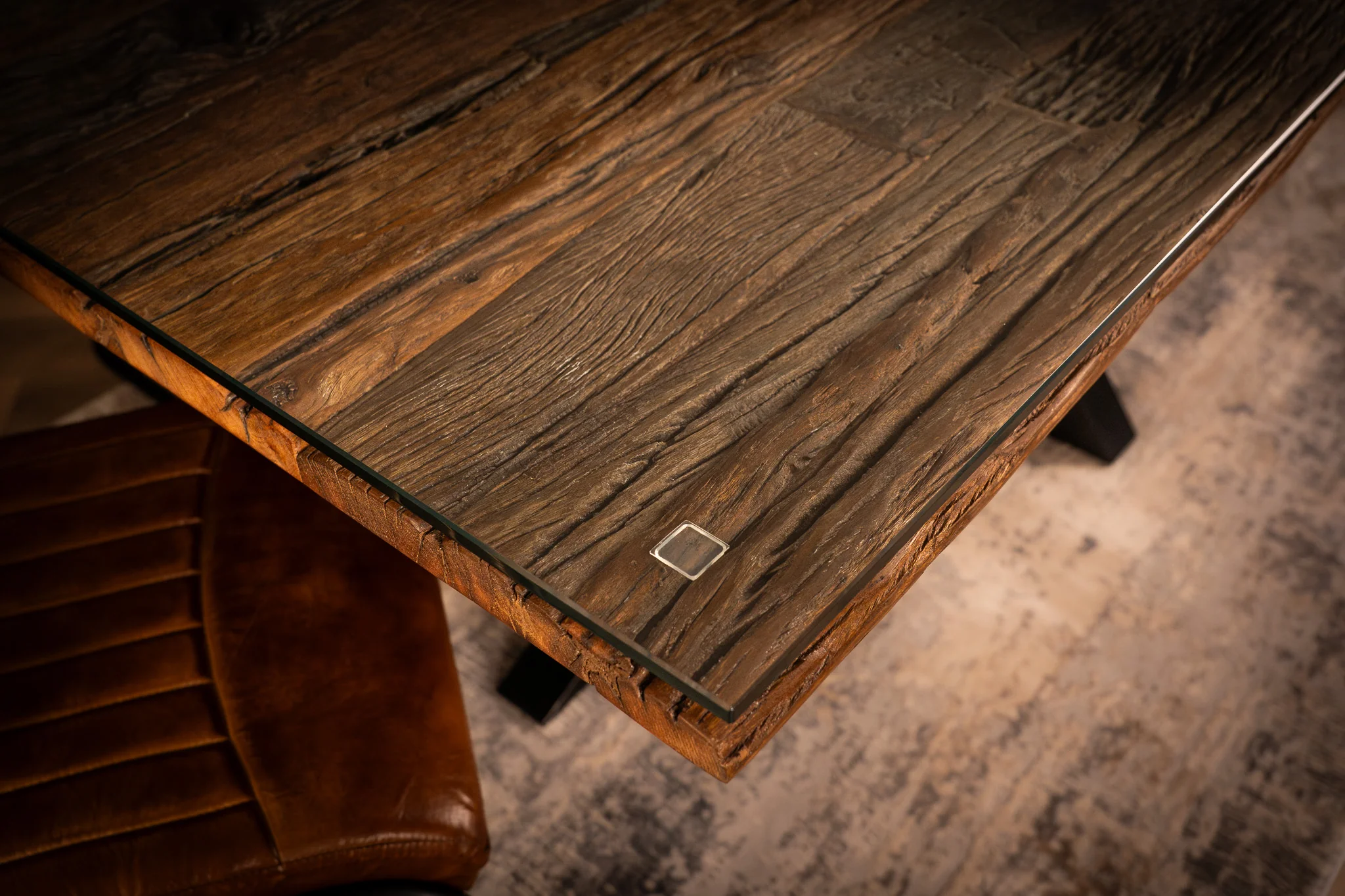 Recycled Wood Dining Table 220cm – Forest Glass Top Spider Frame - Image 5