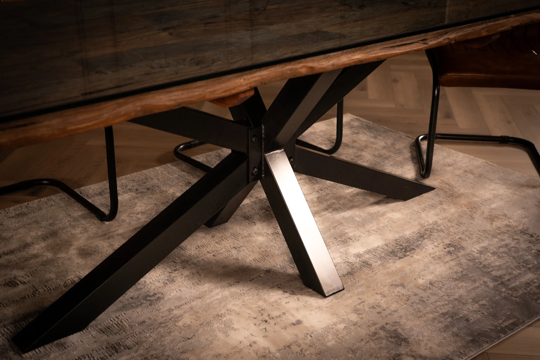 Recycled Wood Dining Table 220cm – Forest Glass Top Spider Frame - Image 7