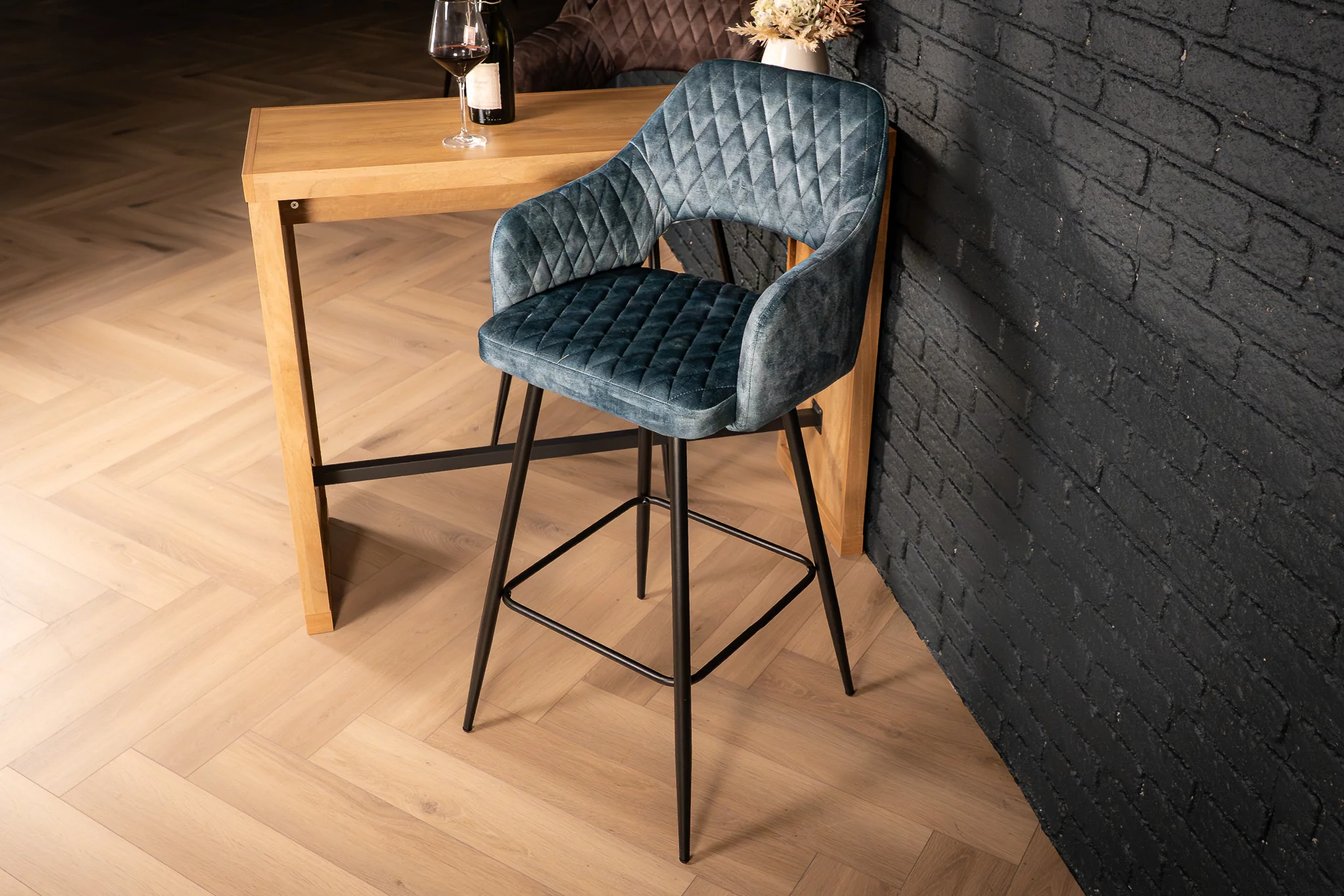 Velvet Bar Stool Petrol Blue with Black Legs – Glamour - Image 3