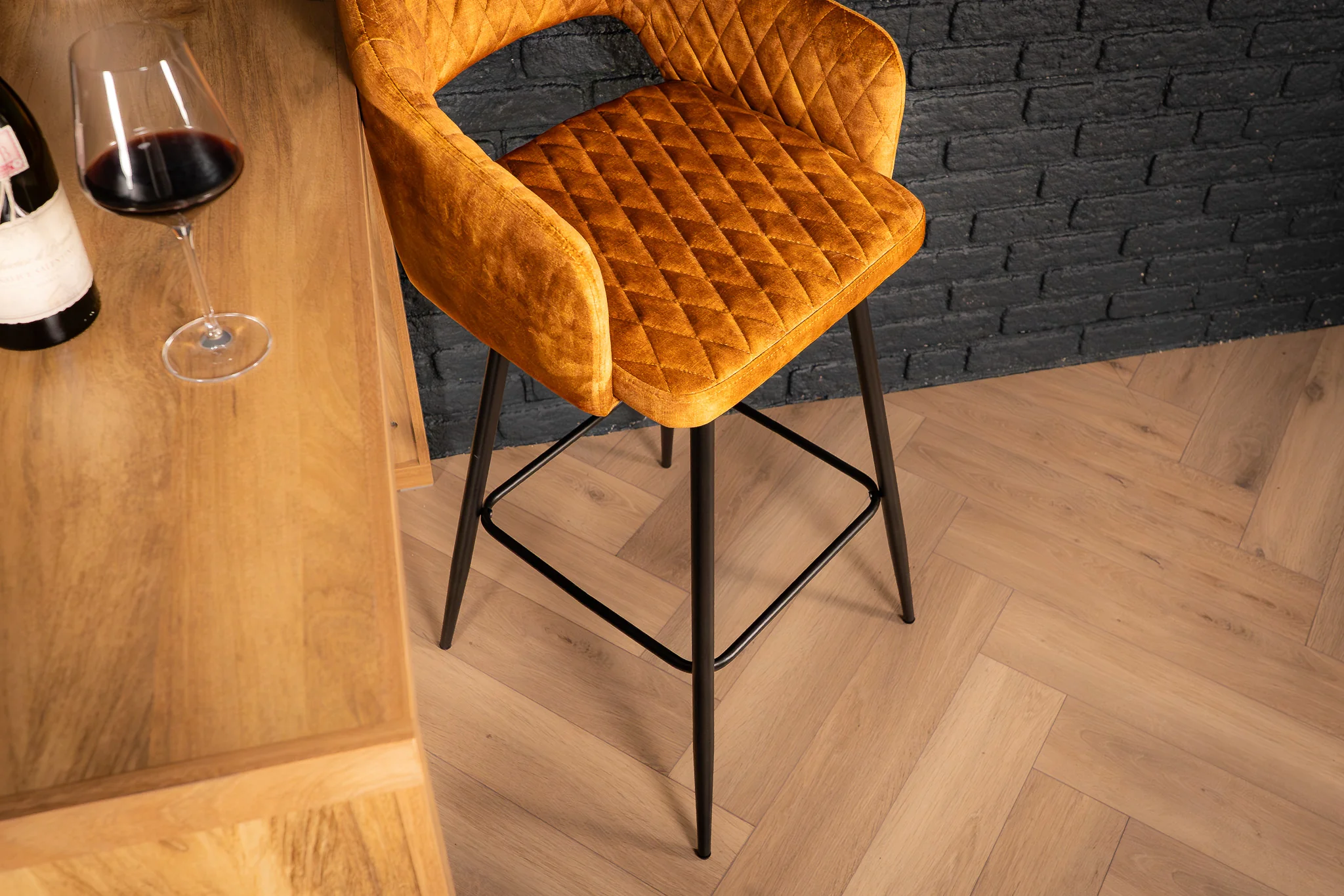 Velvet Bar Stool Mustard Yellow with Black Legs – Glamour - Image 3