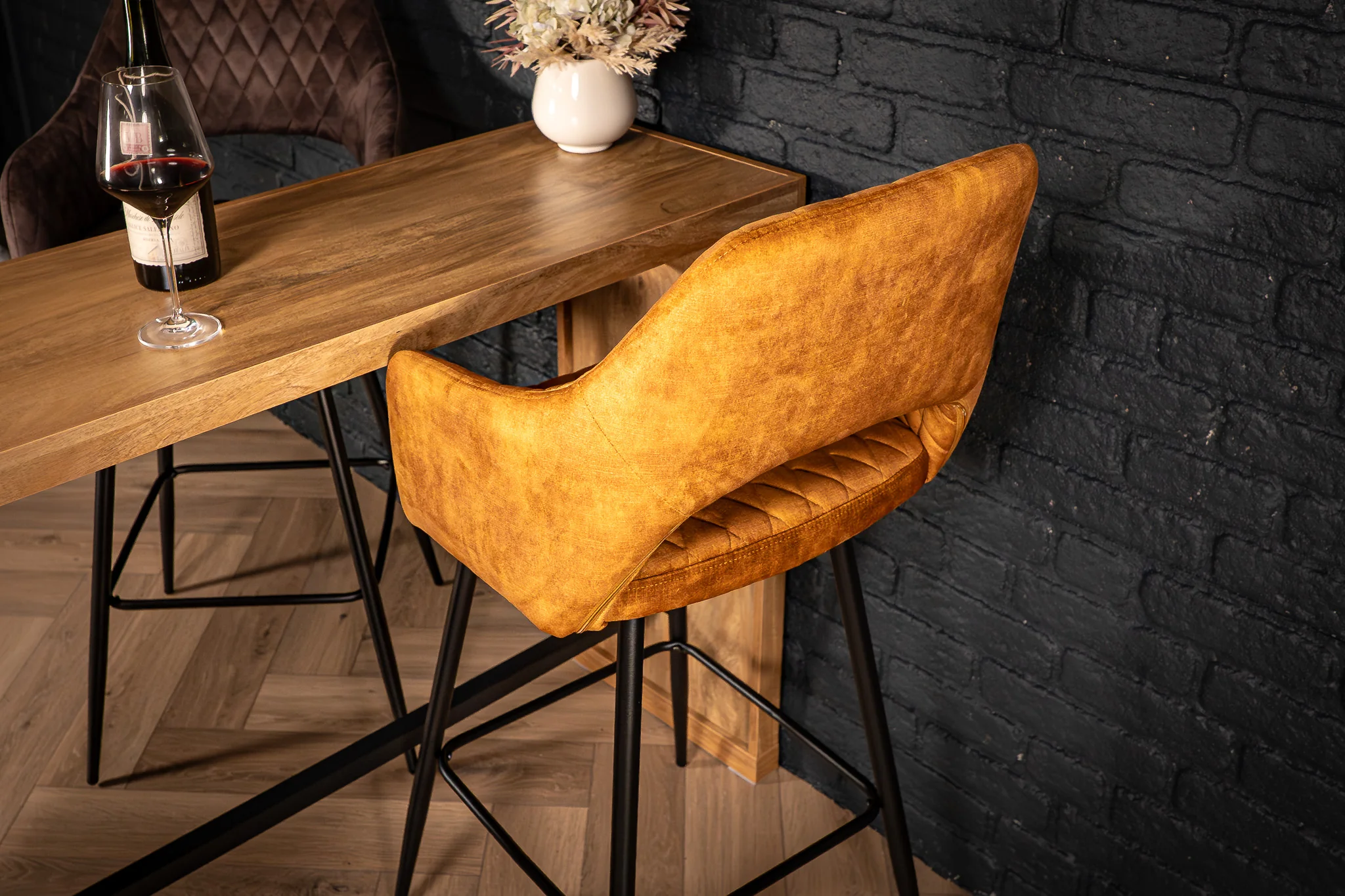 Velvet Bar Stool Mustard Yellow with Black Legs – Glamour - Image 4