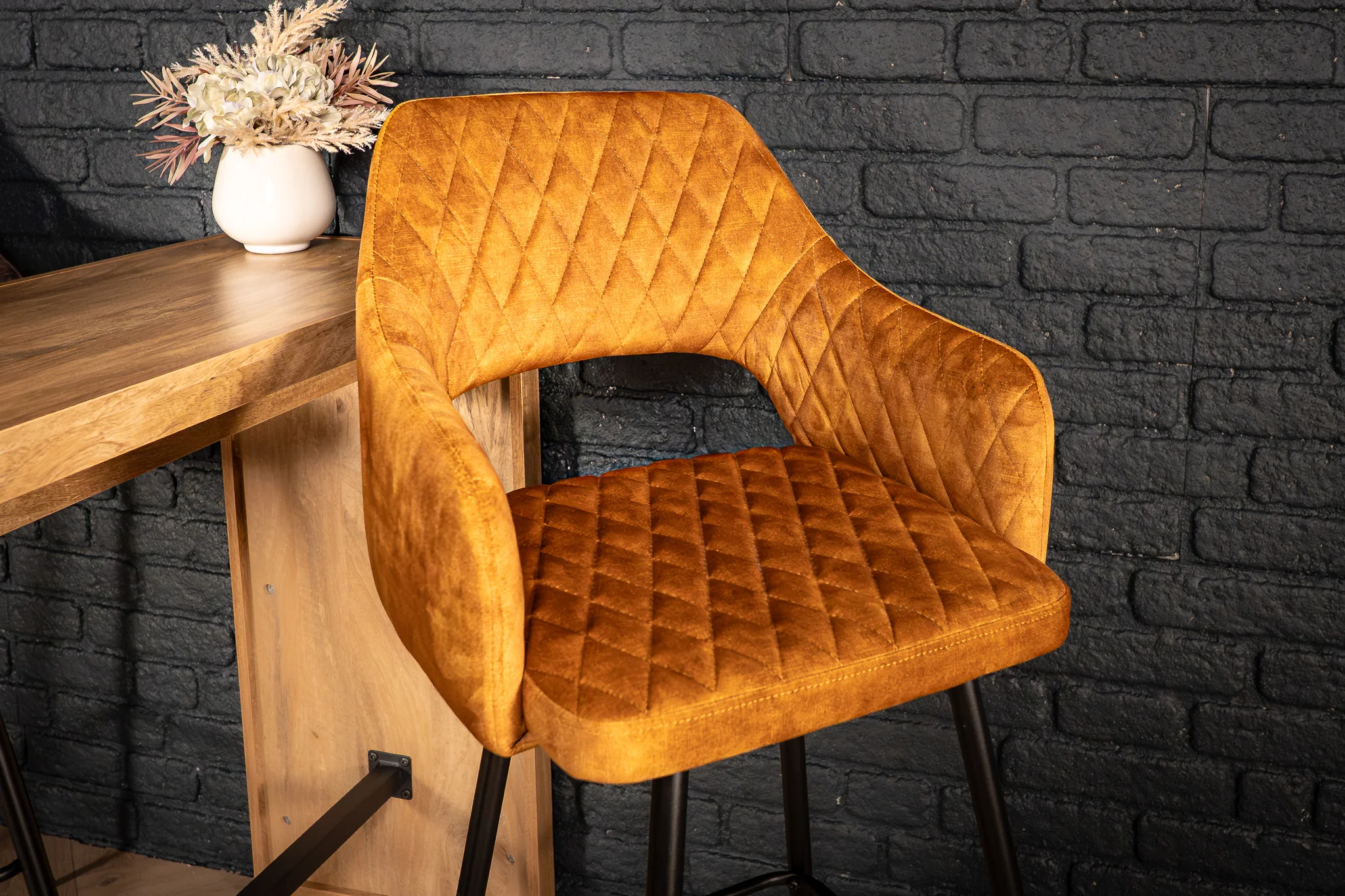 Velvet Bar Stool Mustard Yellow with Black Legs – Glamour - Image 5