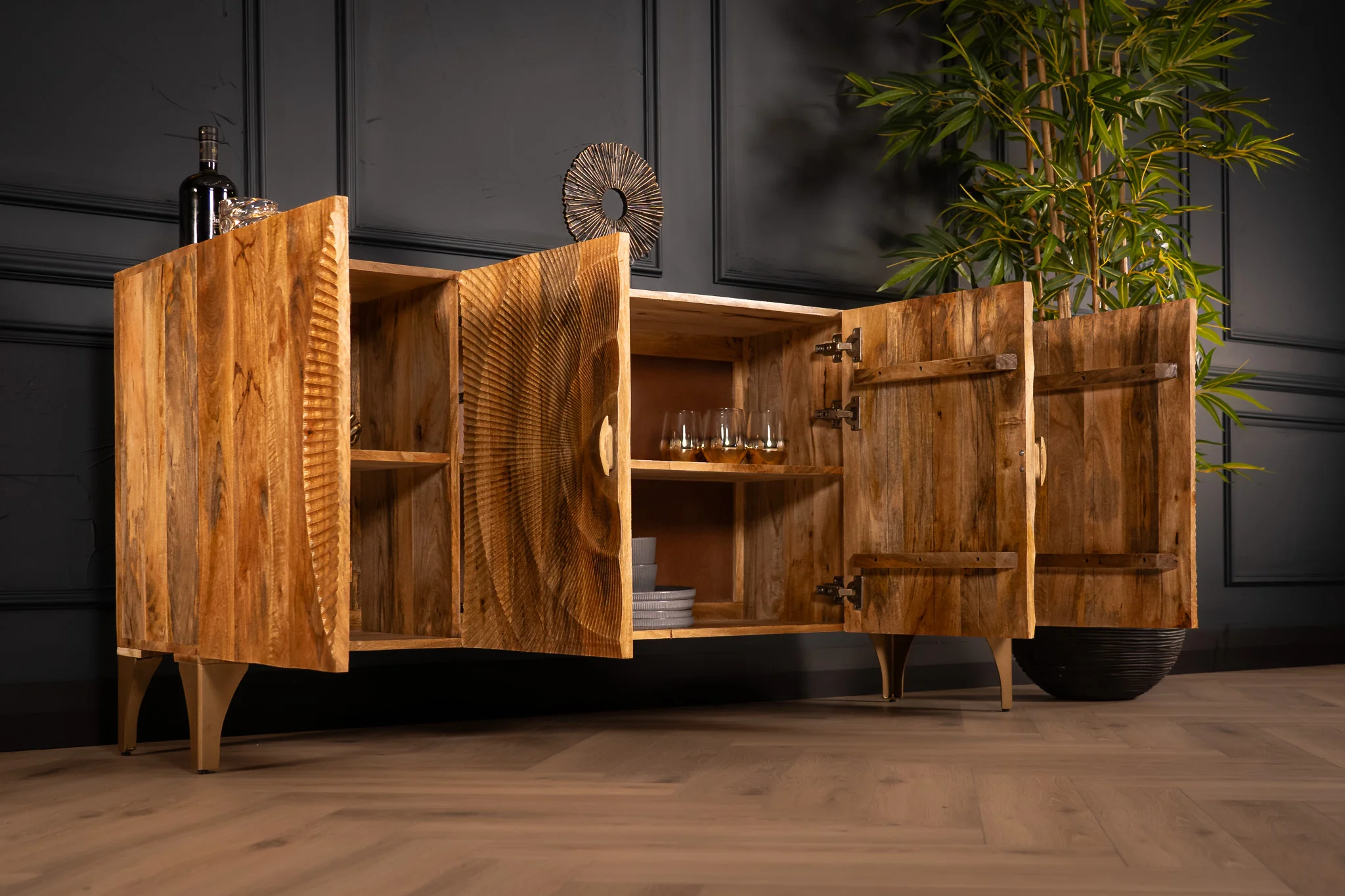 Solid Mango Wood Sideboard Natural Brown 177 cm with Golden Legs – Sunset - Image 10