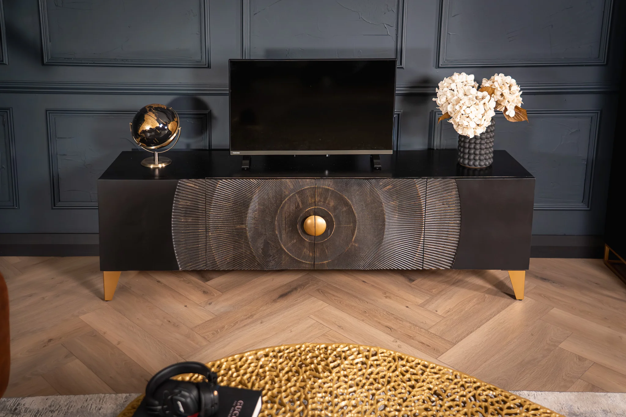 Solid Mango Wood TV Unit Black & Gold 180 cm – Sunset - Image 3