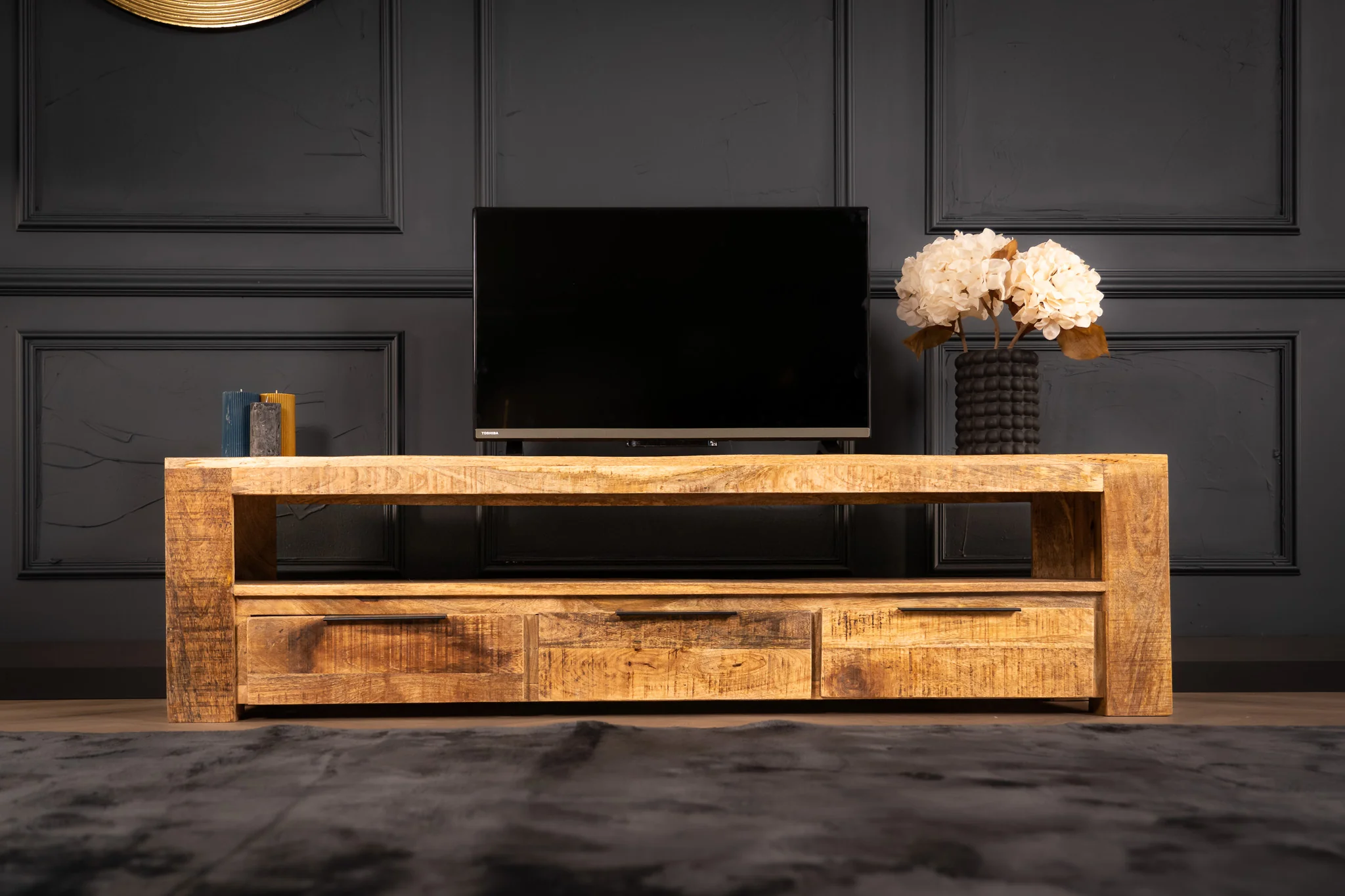 Solid Mango Wood TV Unit 170 cm – Woodland 3 Drawer Natural Brown - Image 3