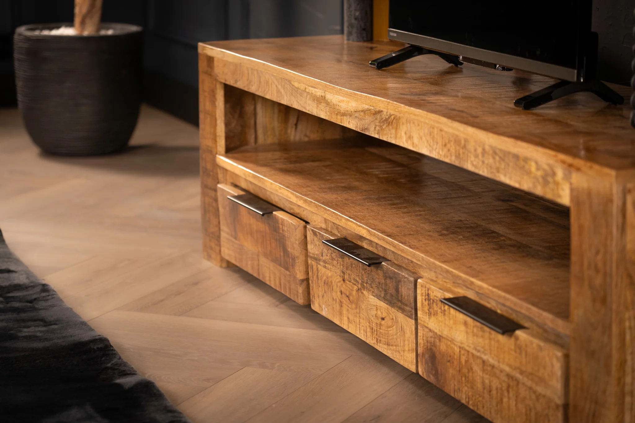 Solid Mango Wood TV Unit 170 cm – Woodland 3 Drawer Natural Brown - Image 6