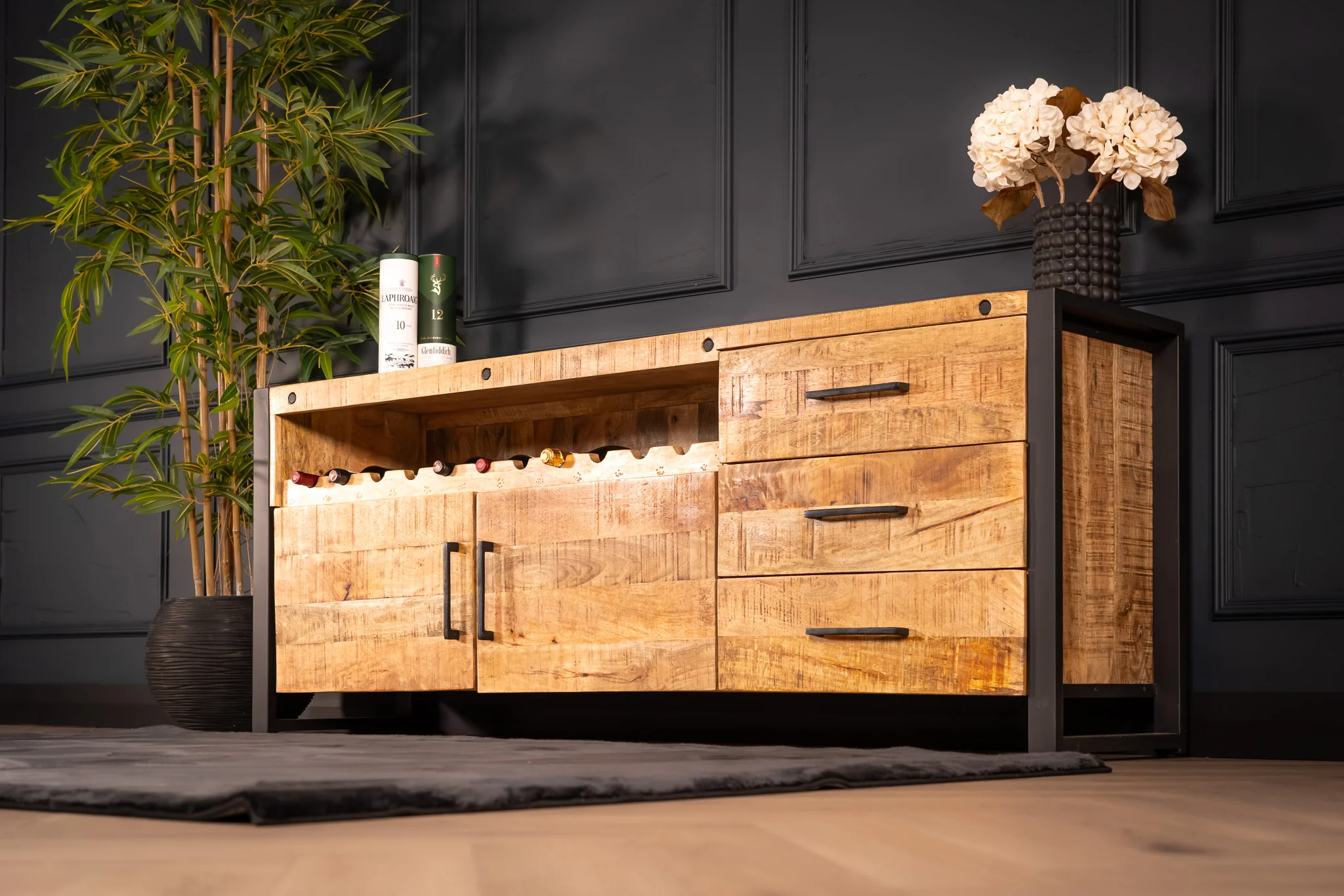 Solid Mango Wood Sideboard with Bottle Holder and Black Metal Frame 193 cm – Iron Industrial - Image 3