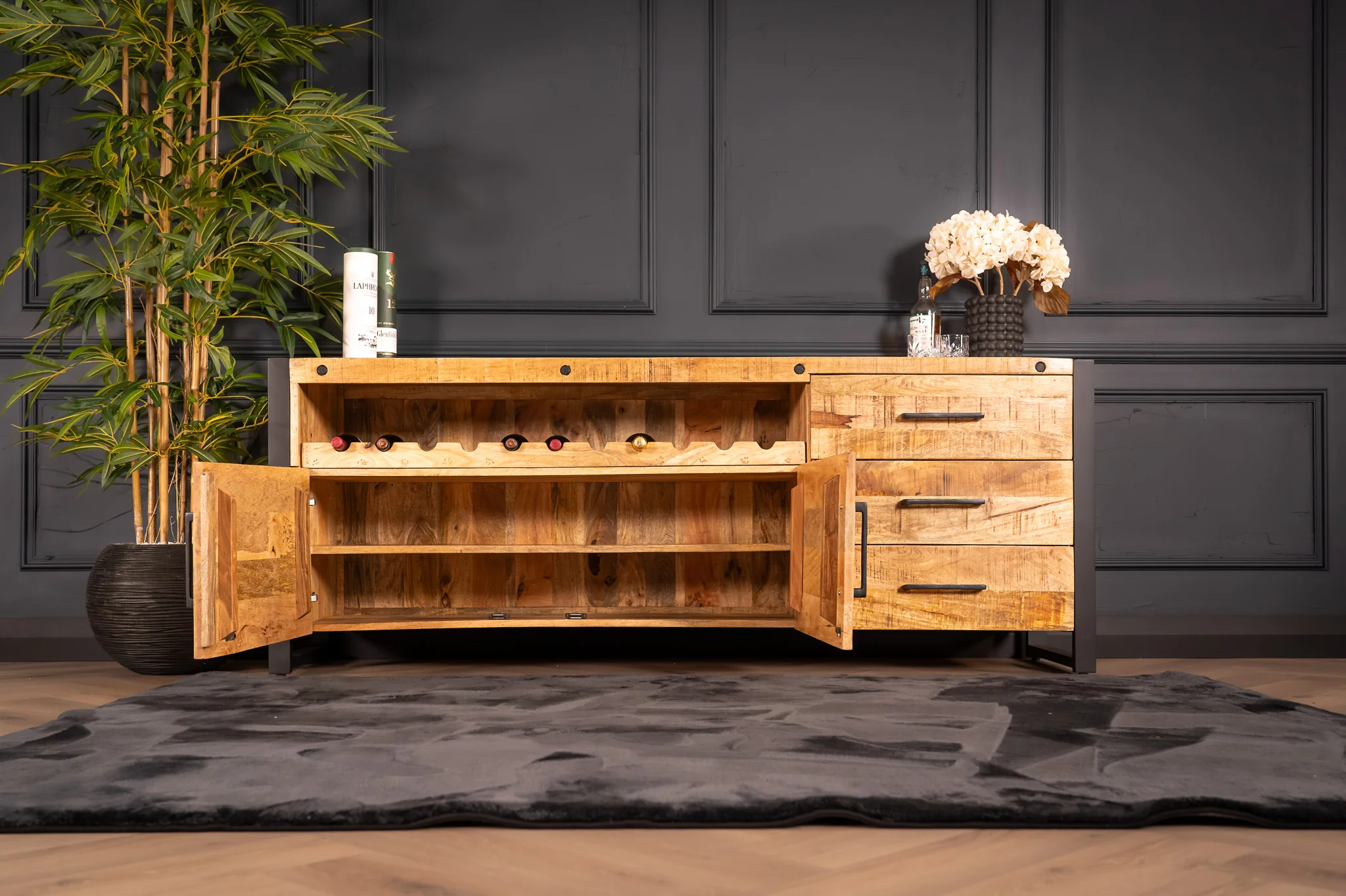 Solid Mango Wood Sideboard with Bottle Holder and Black Metal Frame 193 cm – Iron Industrial - Image 4