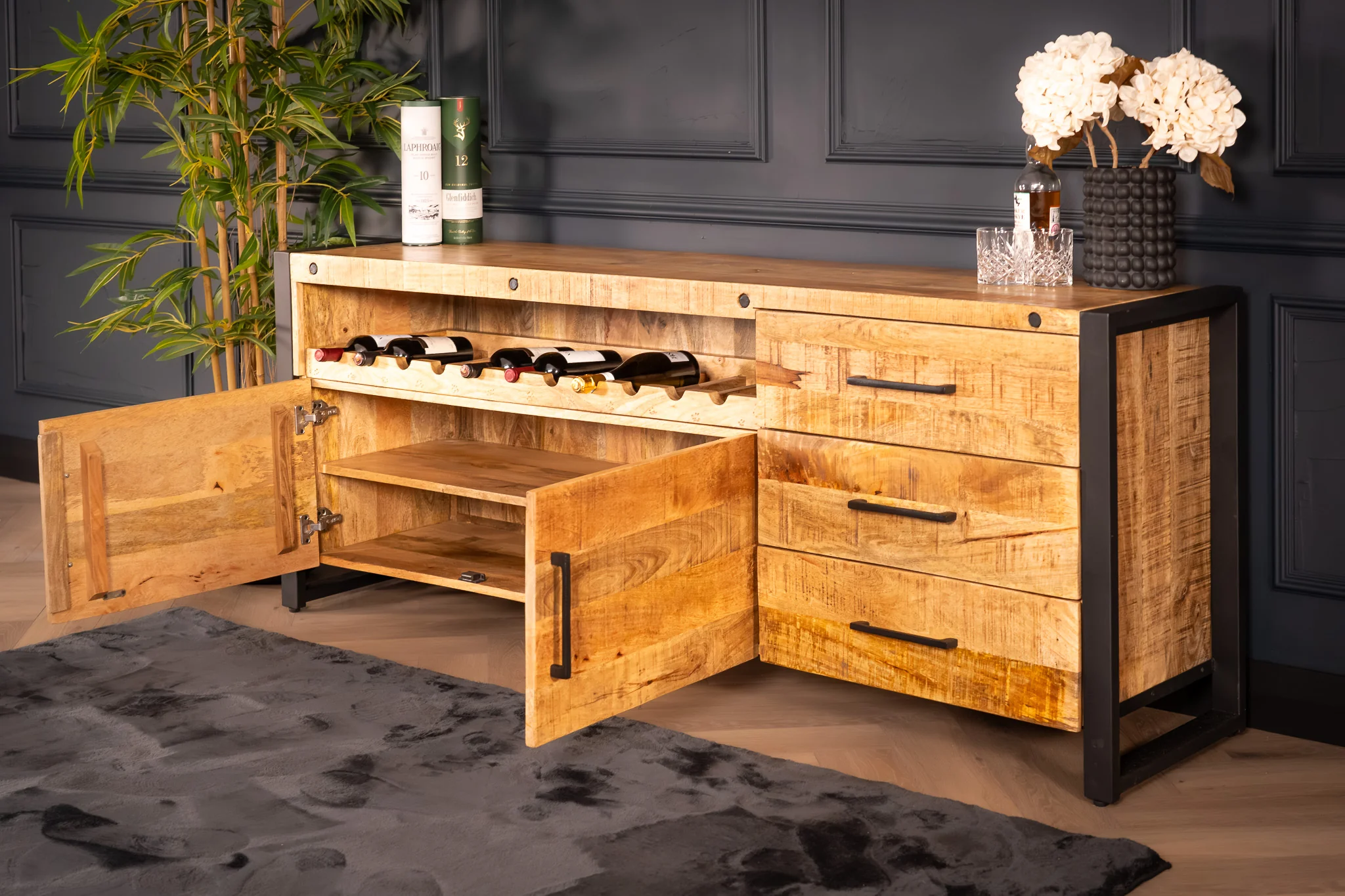 Solid Mango Wood Sideboard with Bottle Holder and Black Metal Frame 193 cm – Iron Industrial - Image 5