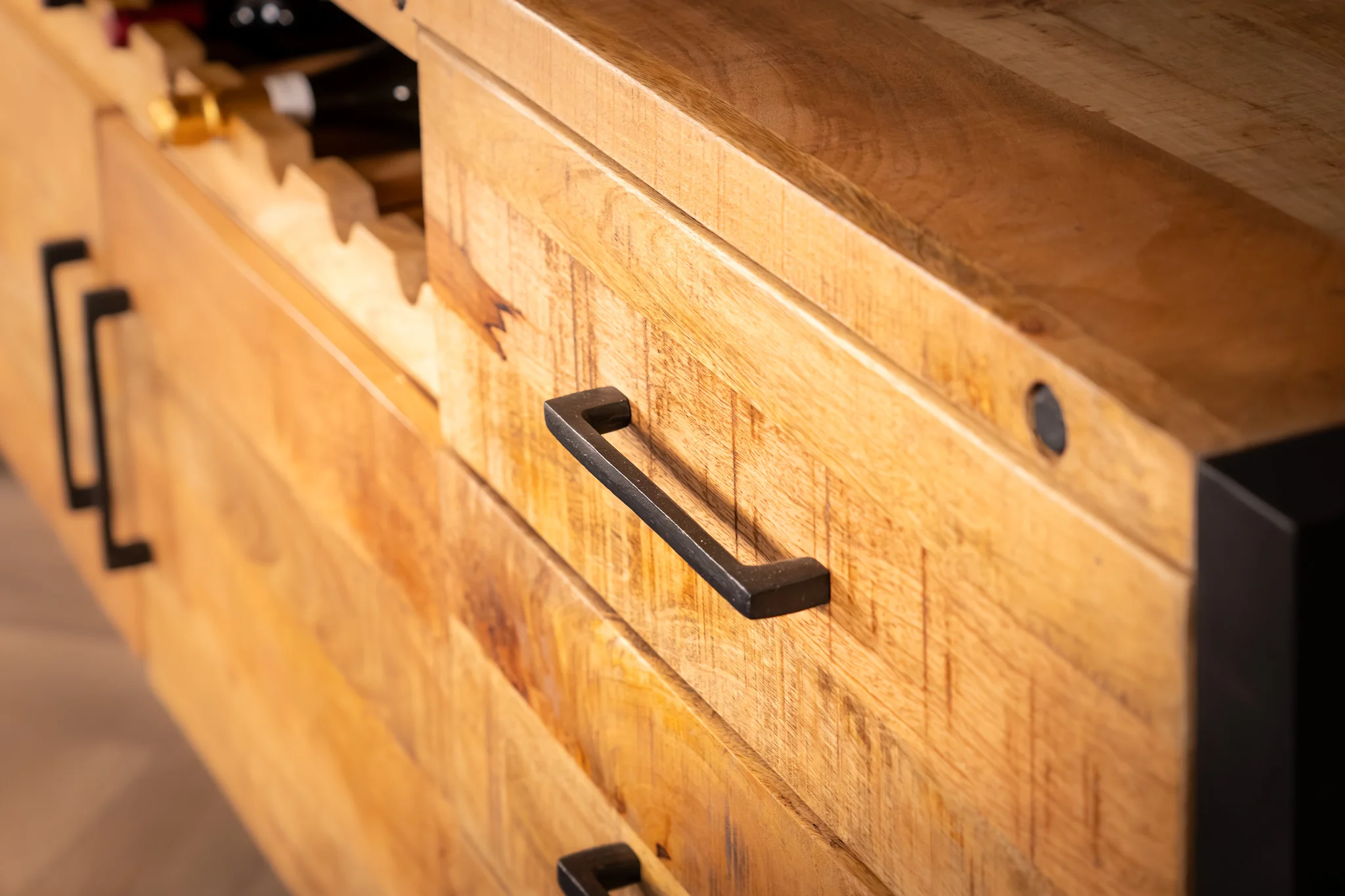 Solid Mango Wood Sideboard with Bottle Holder and Black Metal Frame 193 cm – Iron Industrial - Image 7