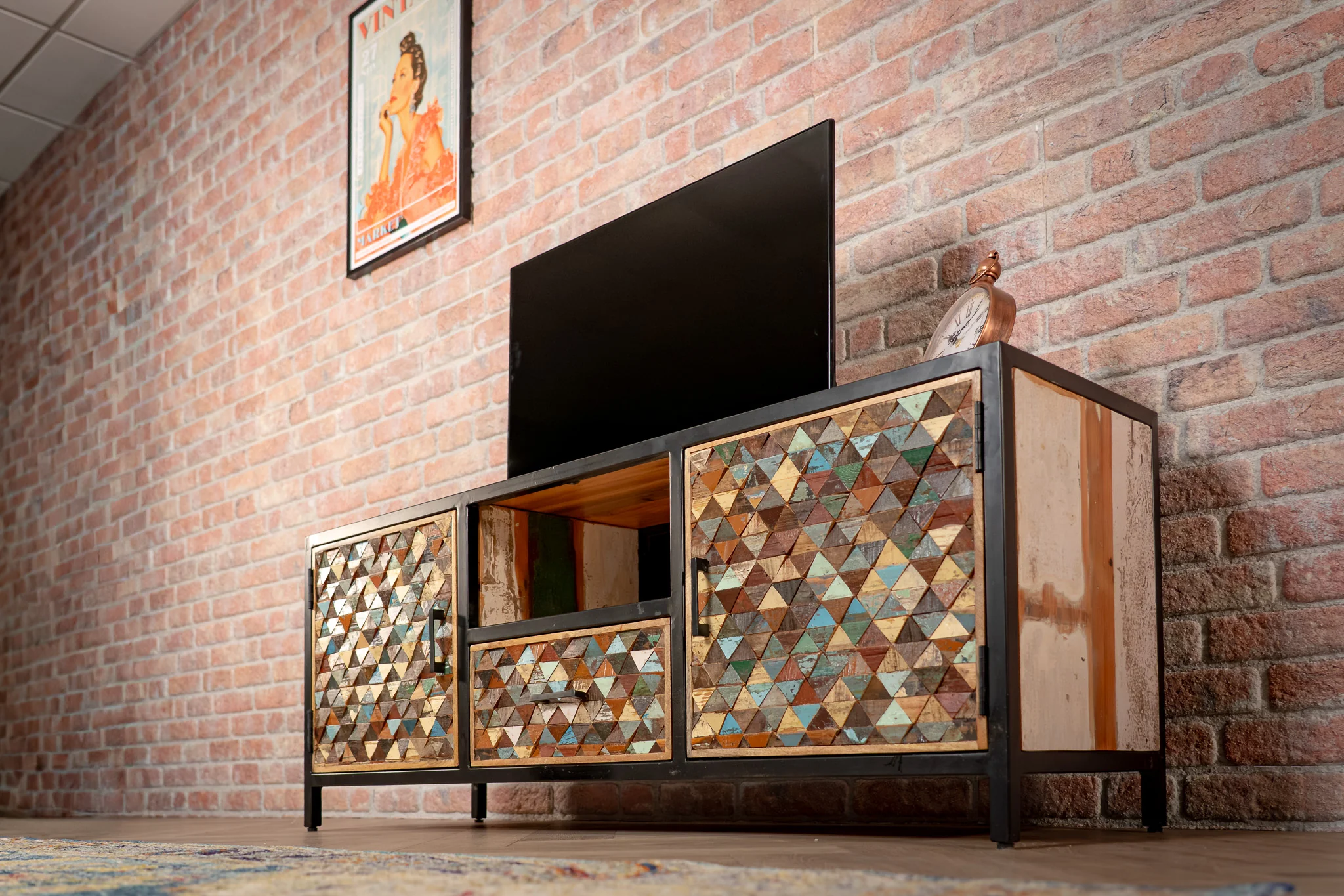 Recycled Mango Wood TV unit with Black Metal Frame 145 cm – Iron Sky - Image 3