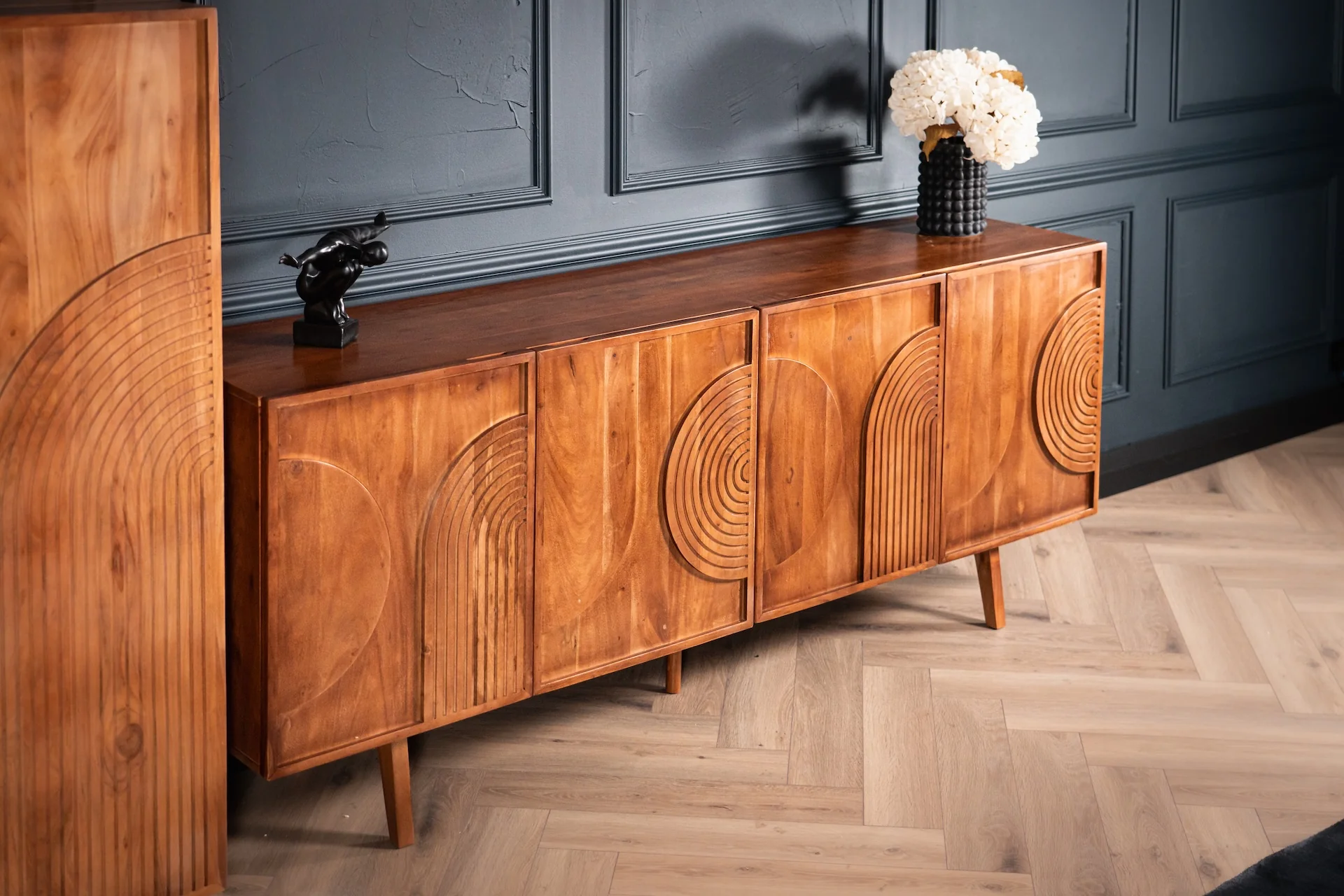 Solid Acacia Wood Sideboard 200 cm with Carved Circular Front – Manhattan - Image 3