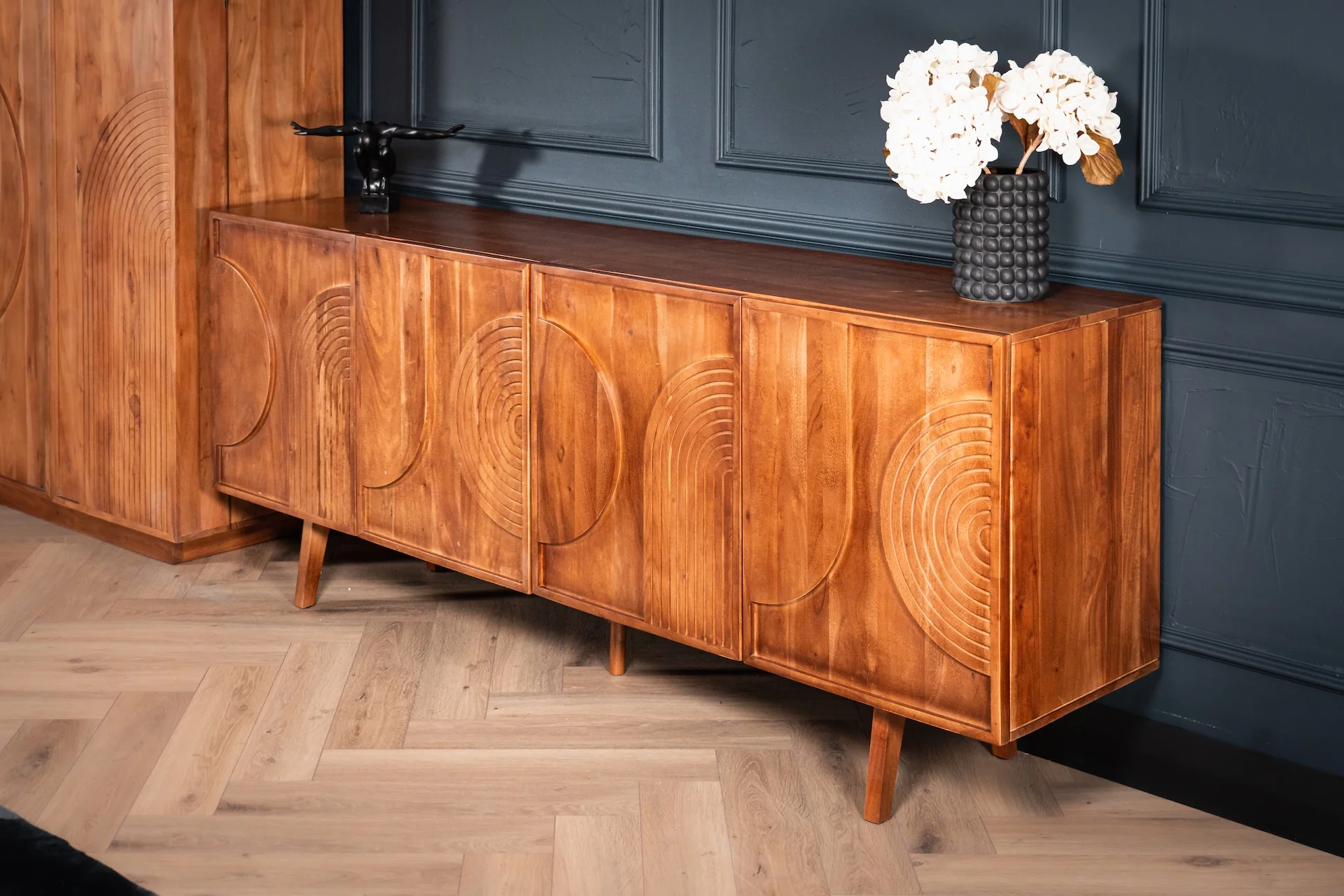 Solid Acacia Wood Sideboard 200 cm with Carved Circular Front – Manhattan - Image 4