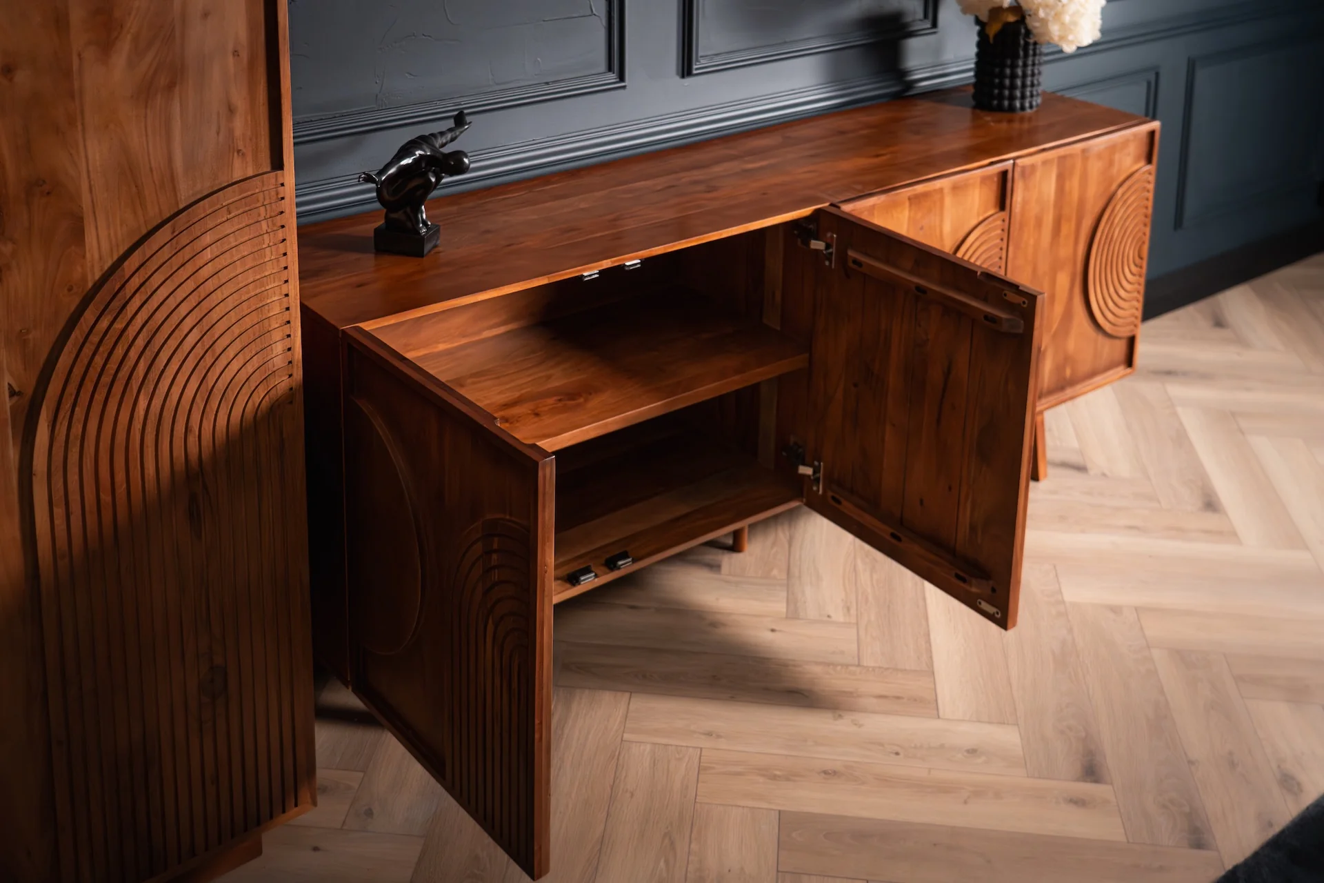 Solid Acacia Wood Sideboard 200 cm with Carved Circular Front – Manhattan - Image 6