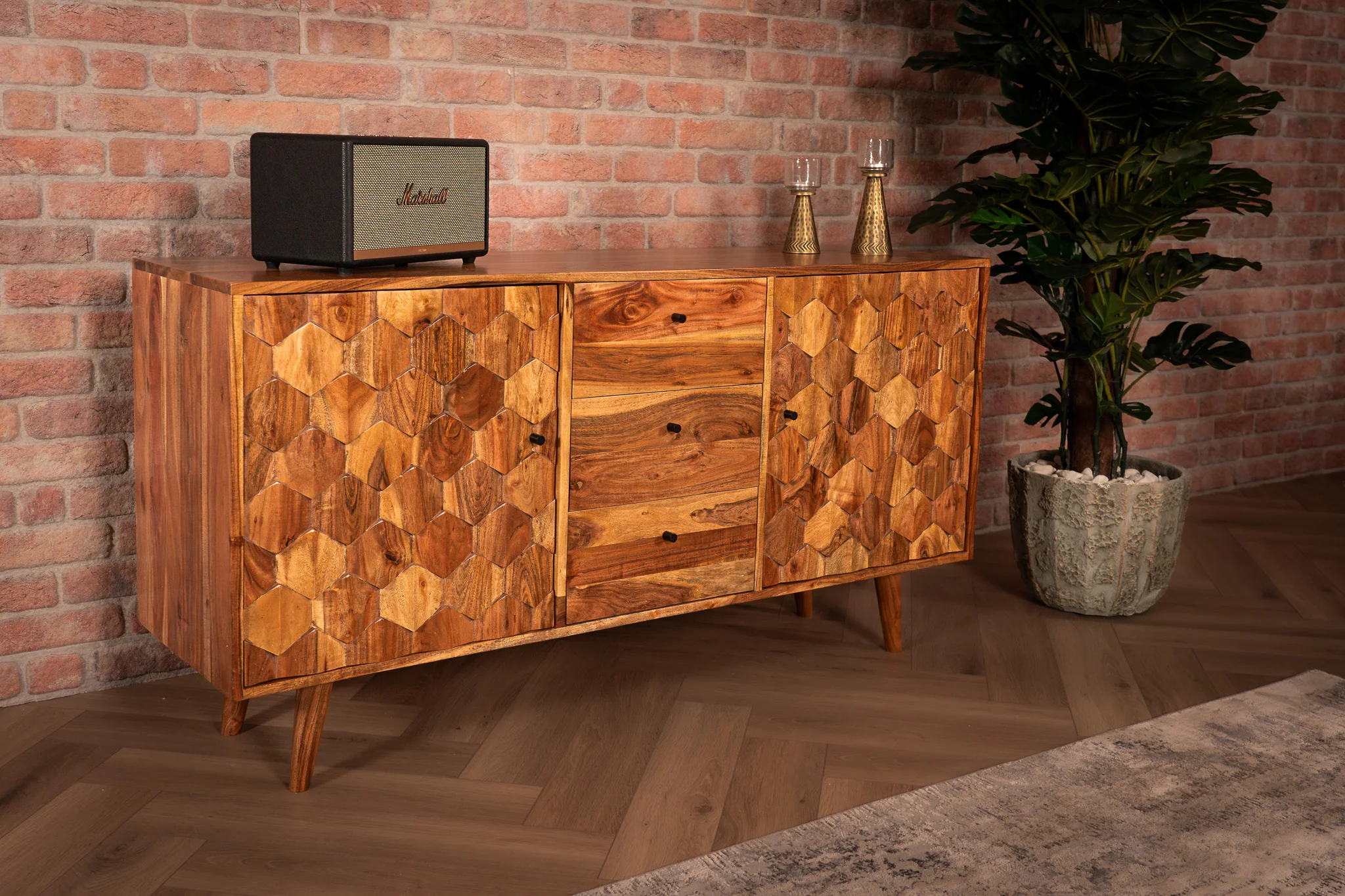 Solid Acacia Wood Sideboard Natural Brown 145 cm – Hive Three Drawers Two Doors - Image 3