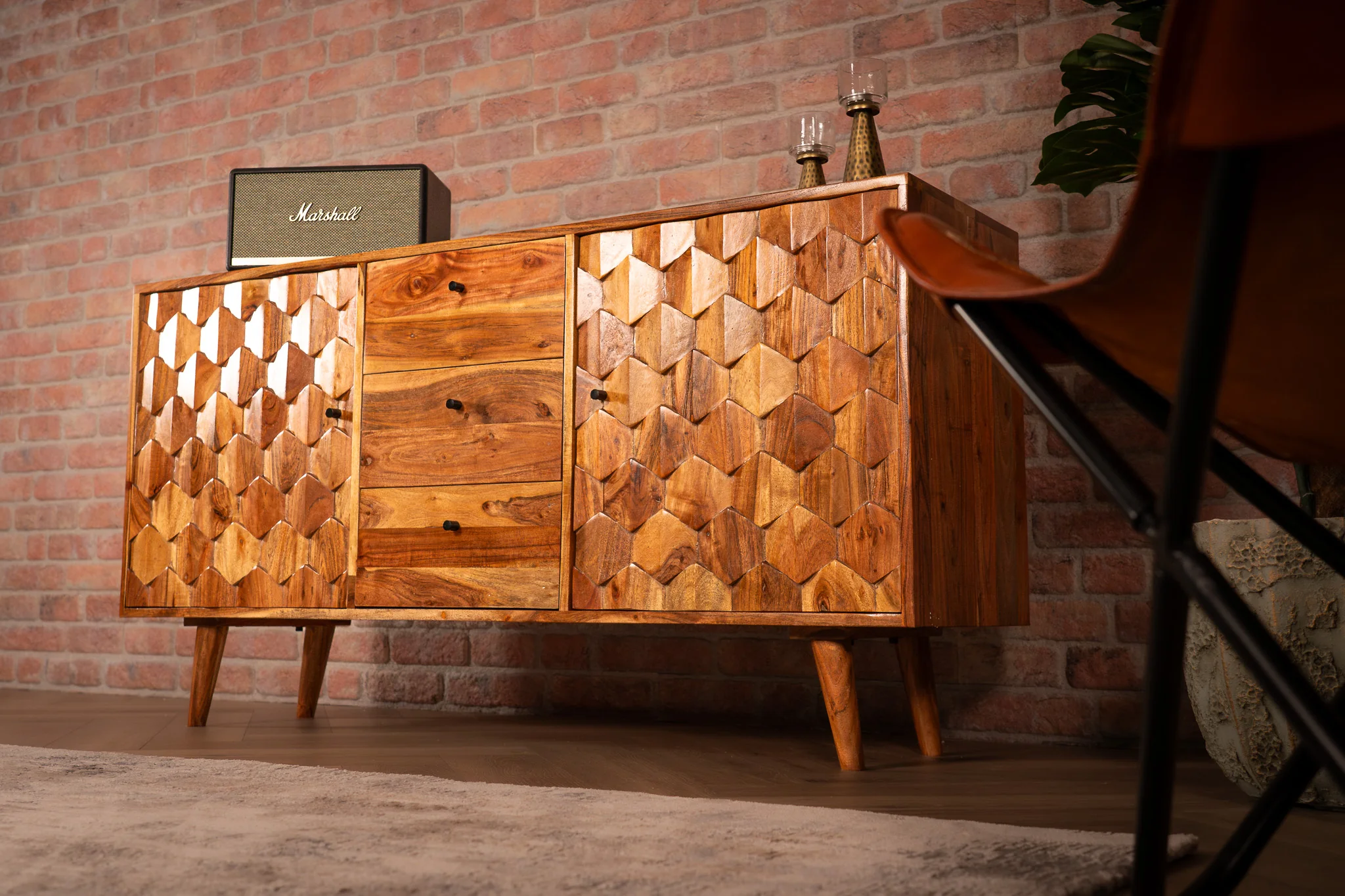 Solid Acacia Wood Sideboard Natural Brown 145 cm – Hive Three Drawers Two Doors - Image 5