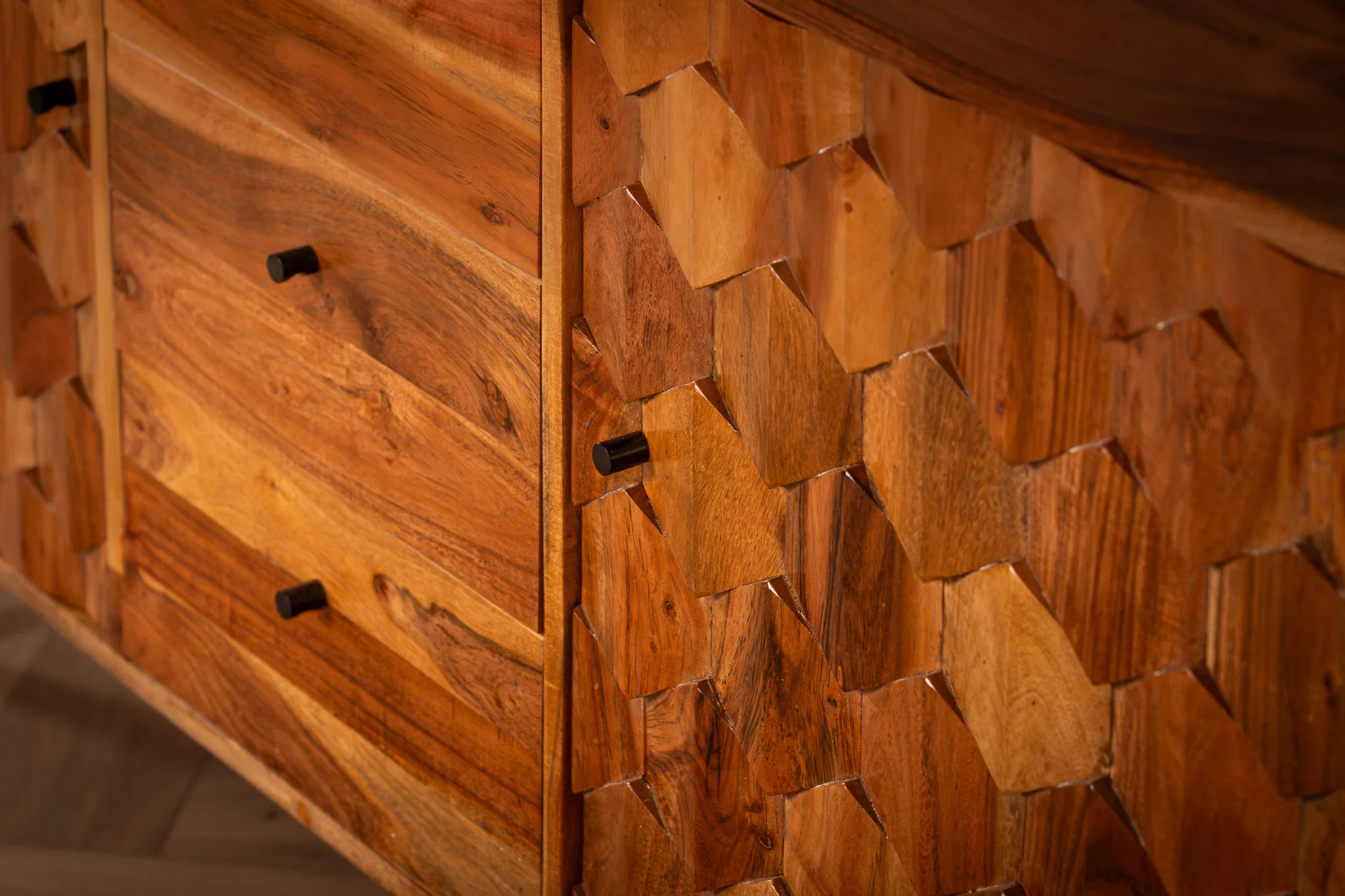 Solid Acacia Wood Sideboard Natural Brown 145 cm – Hive Three Drawers Two Doors - Image 6