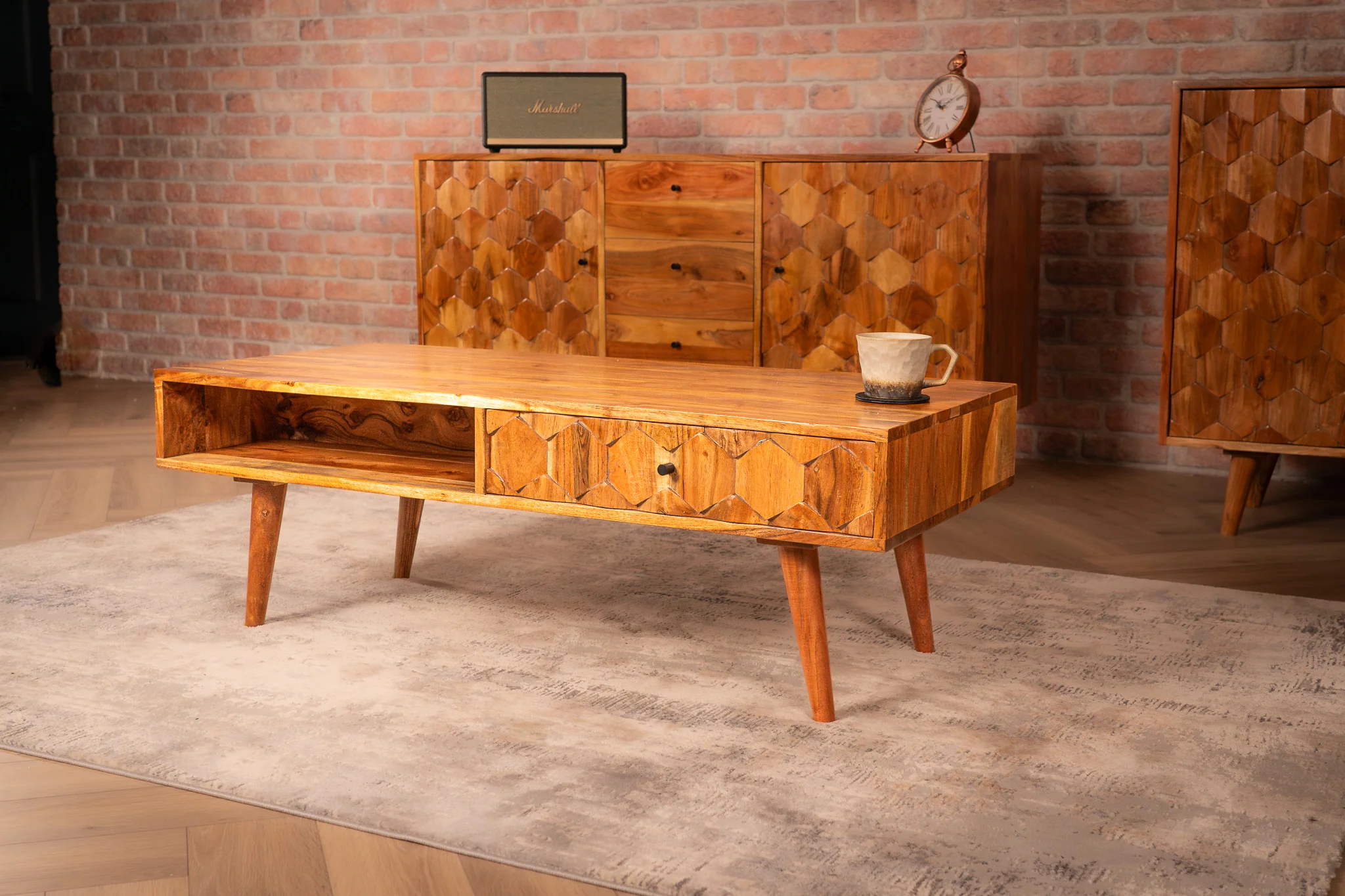 Solid Acacia Wood Sideboard Natural Brown 145 cm – Hive Three Drawers Two Doors - Image 8