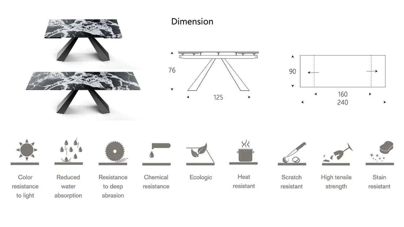 Extendable Sintered Stone Dining Table 160-240cm – Oasis Grey Concrete Marble - Image 9