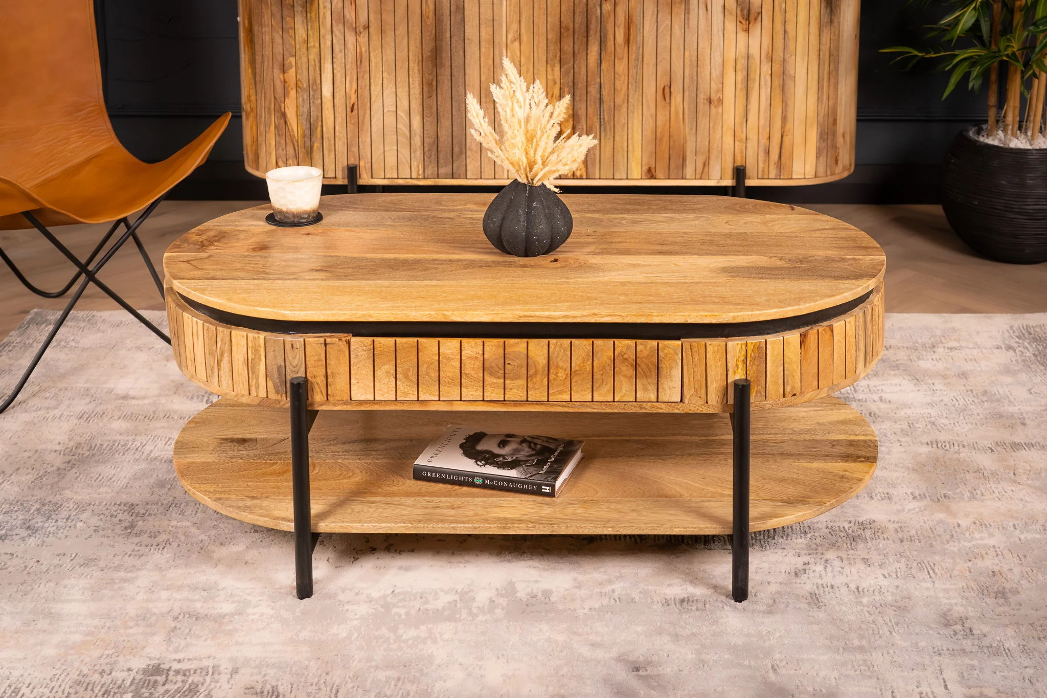 Solid Mango Wood Coffee Table Natural Brown with Fluted Front 120 cm – Reno - Image 3