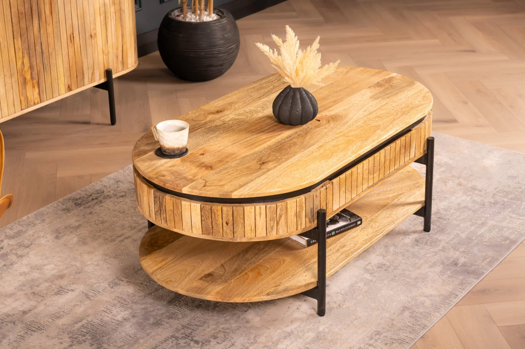 Solid Mango Wood Coffee Table Natural Brown with Fluted Front 120 cm – Reno - Image 4