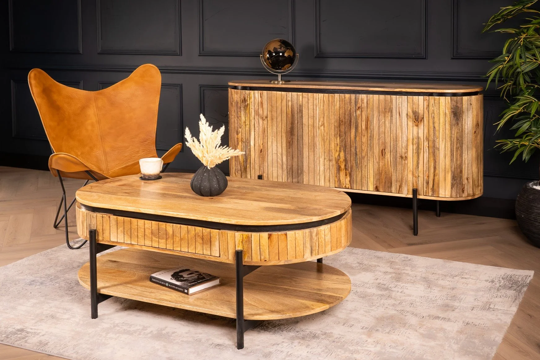 Solid Mango Wood Sideboard Natural Brown with Fluted Front 160 cm – Reno - Image 10