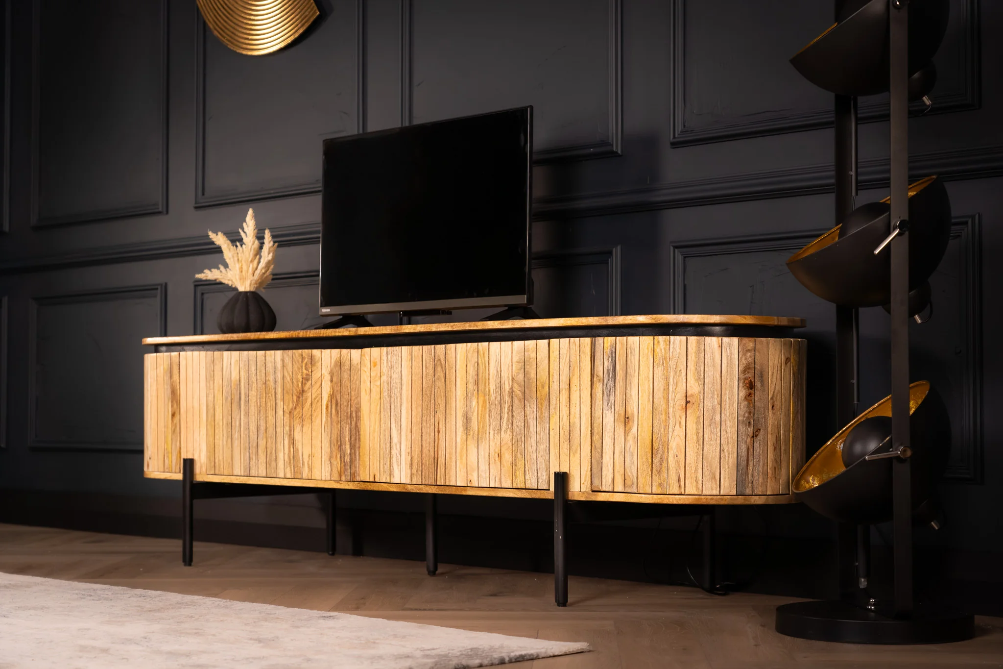 Solid Mango Wood TV Unit Natural Brown with Fluted Front 200 cm – Reno - Image 4