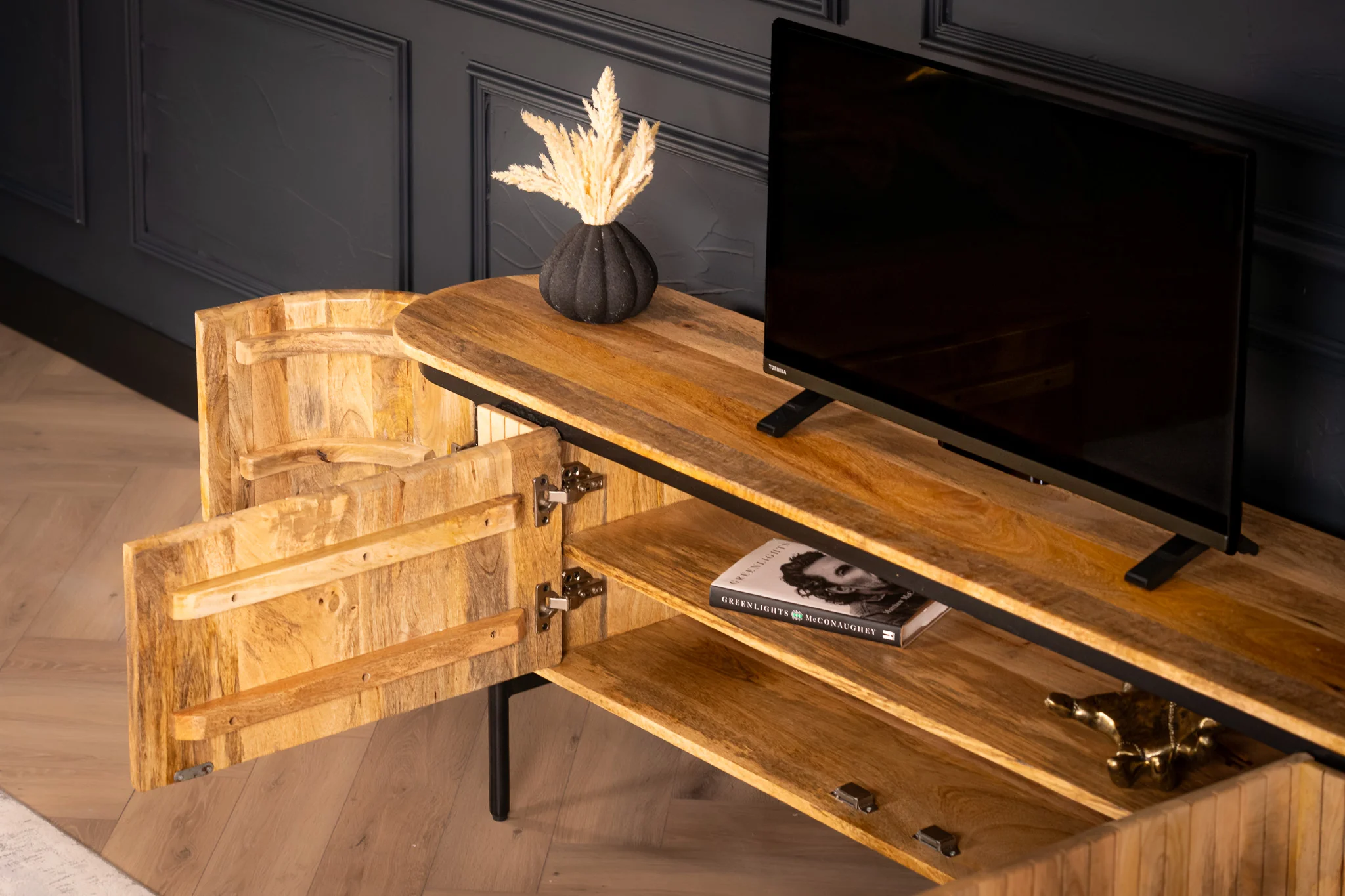 Solid Mango Wood TV Unit Natural Brown with Fluted Front 200 cm – Reno - Image 8