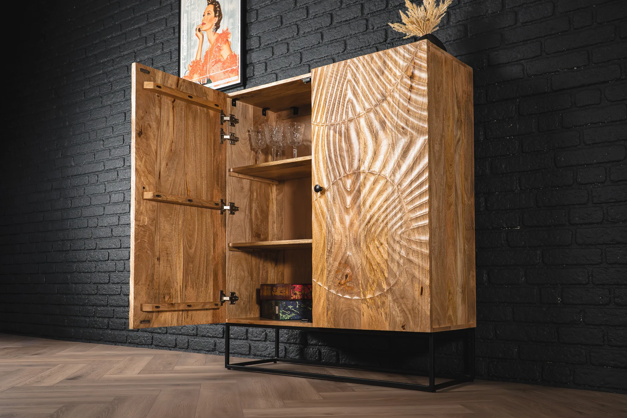 Solid Mango Wood Cabinet Natural Brown 120 cm with 3D Carved Front – Scorpion - Image 6