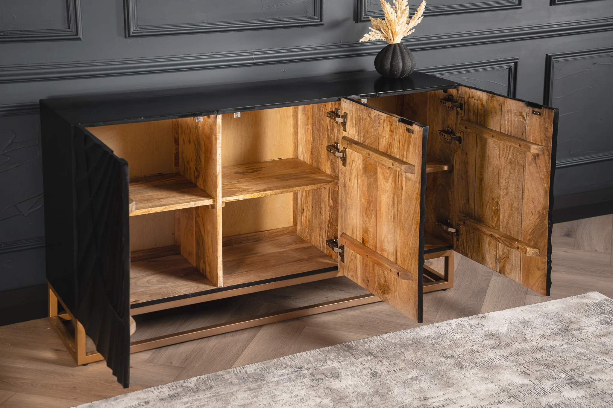 Solid Mango Wood Sideboard Black 140 cm – Scorpion 3D Carved Front - Image 5