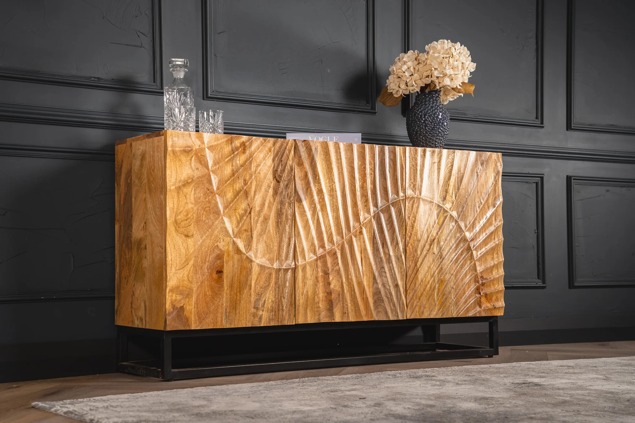 Solid Mango Wood Sideboard Natural Brown 140 cm – Scorpion 3D Carved Fronts - Image 3