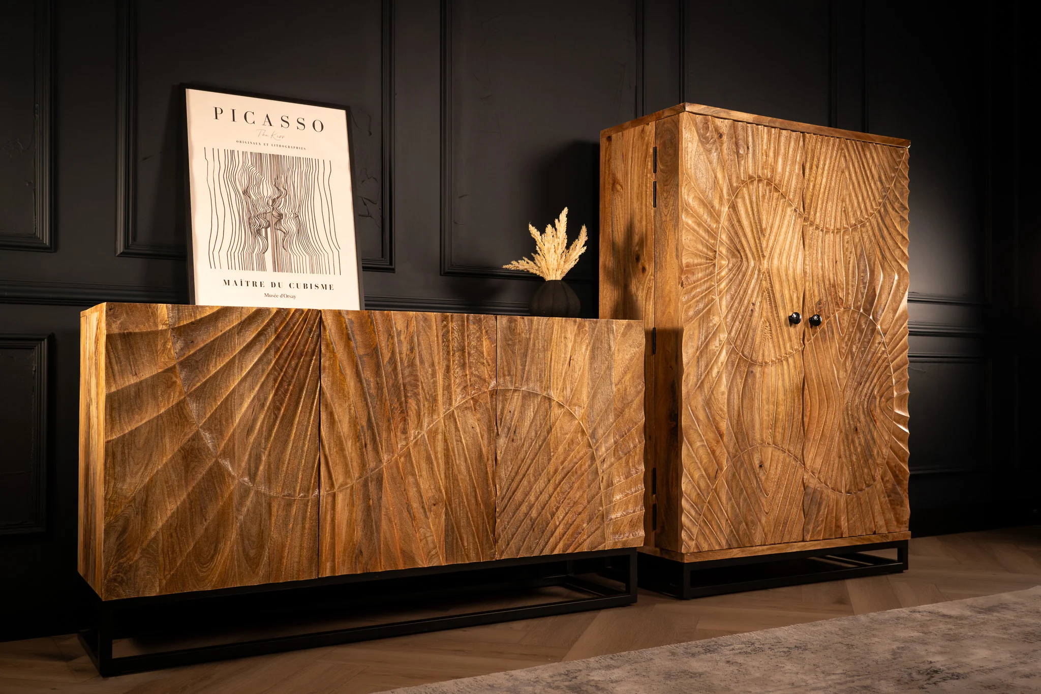 Solid Mango Wood Sideboard Natural Brown 140 cm – Scorpion 3D Carved Fronts - Image 8