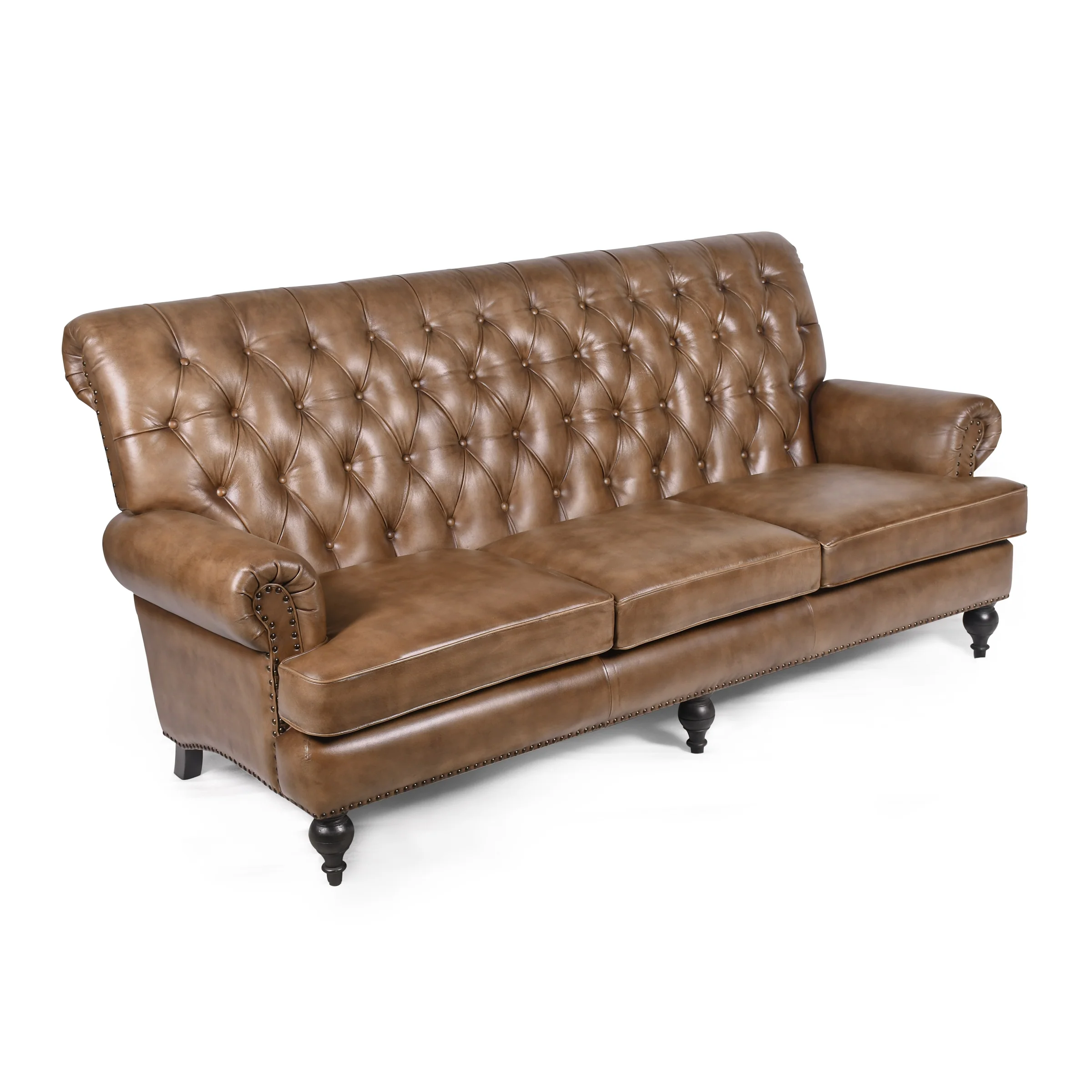 Tufted Genuine Leather 3 Seater Sofa 194 cm – Sienna Vintage Brown - Image 3