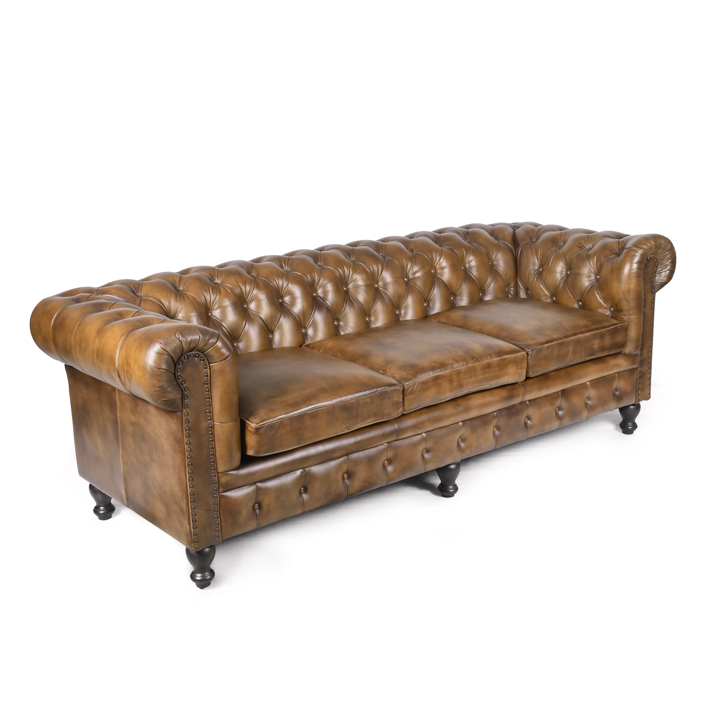 Chesterfield Genuine Leather 3 Seater Sofa 216 cm – Stratford Antique Brown - Image 3
