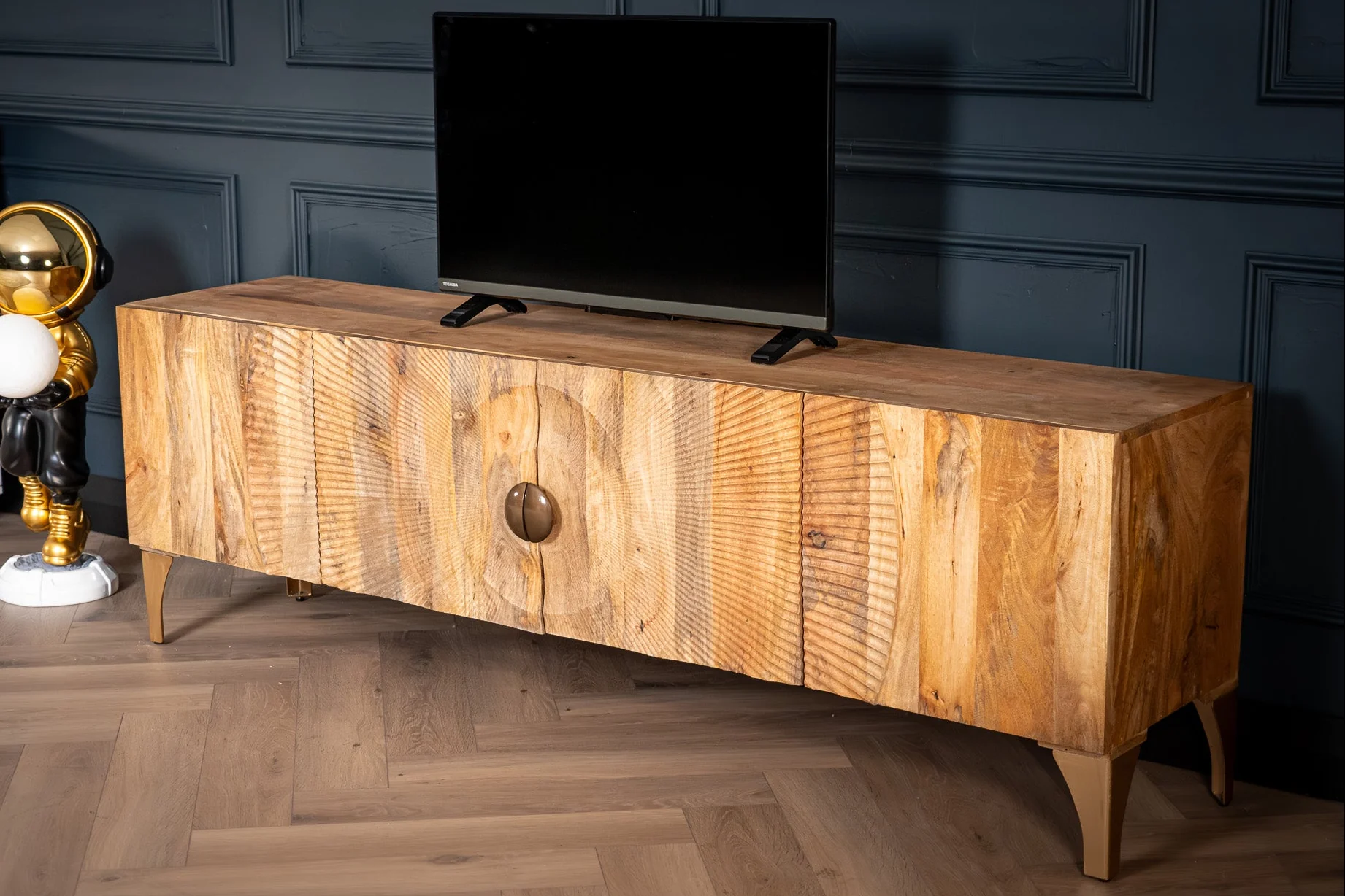 Solid Mango Wood TV Unit Natural Brown & Gold 180 cm – Sunset Collection - Image 3