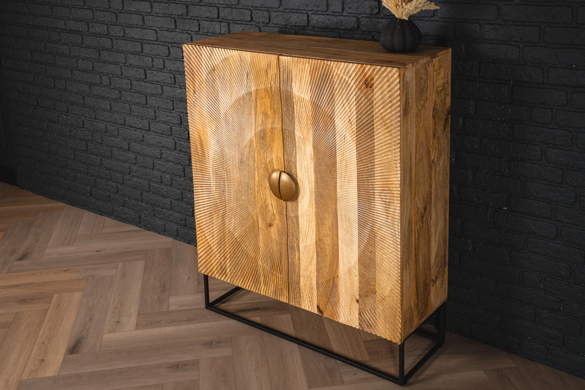 Solid Mango Wood Storage Cabinet Natural Brown 120 cm with Black Base – Sunset - Image 3