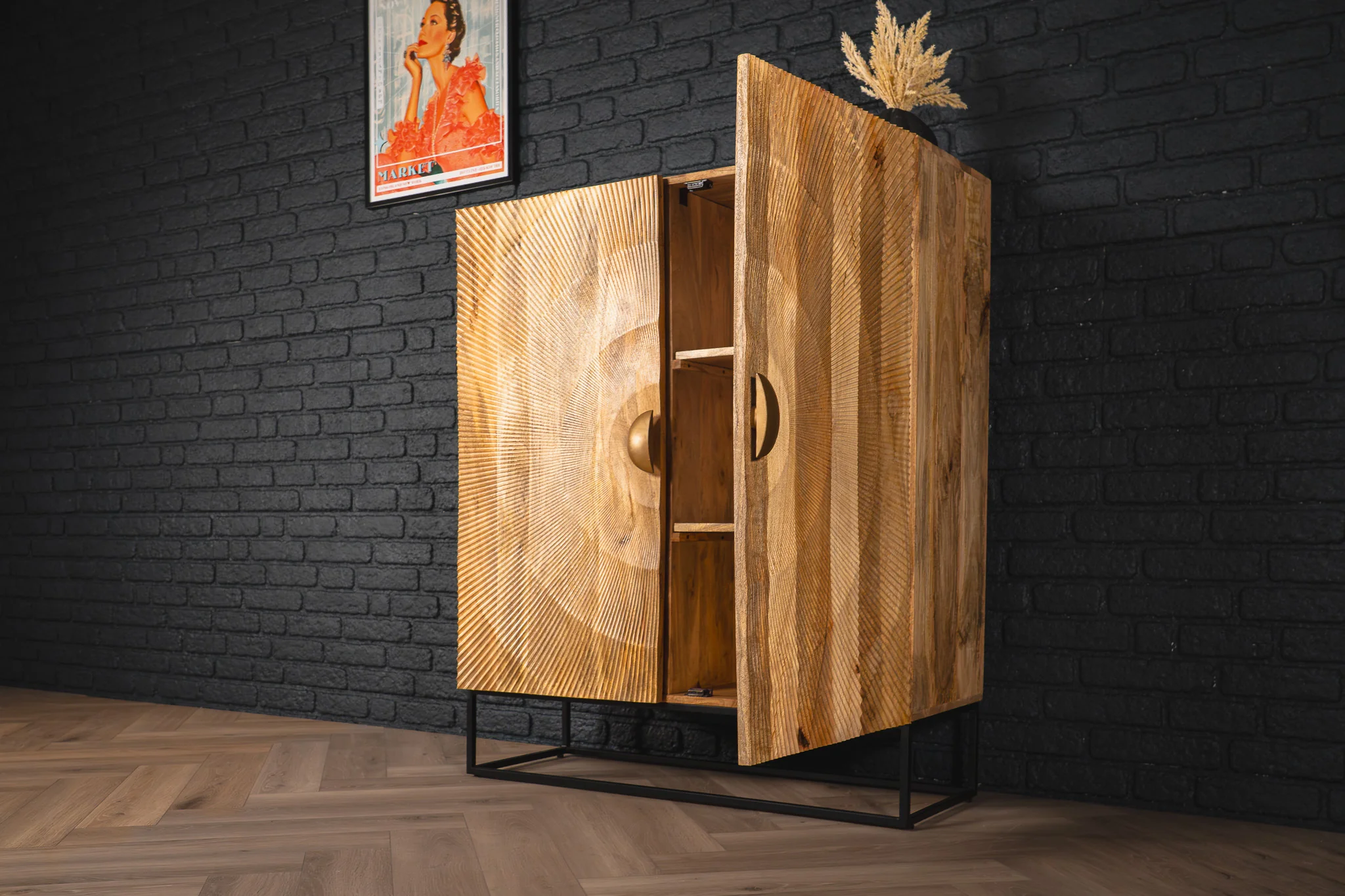 Solid Mango Wood Storage Cabinet Natural Brown 120 cm with Black Base – Sunset - Image 4