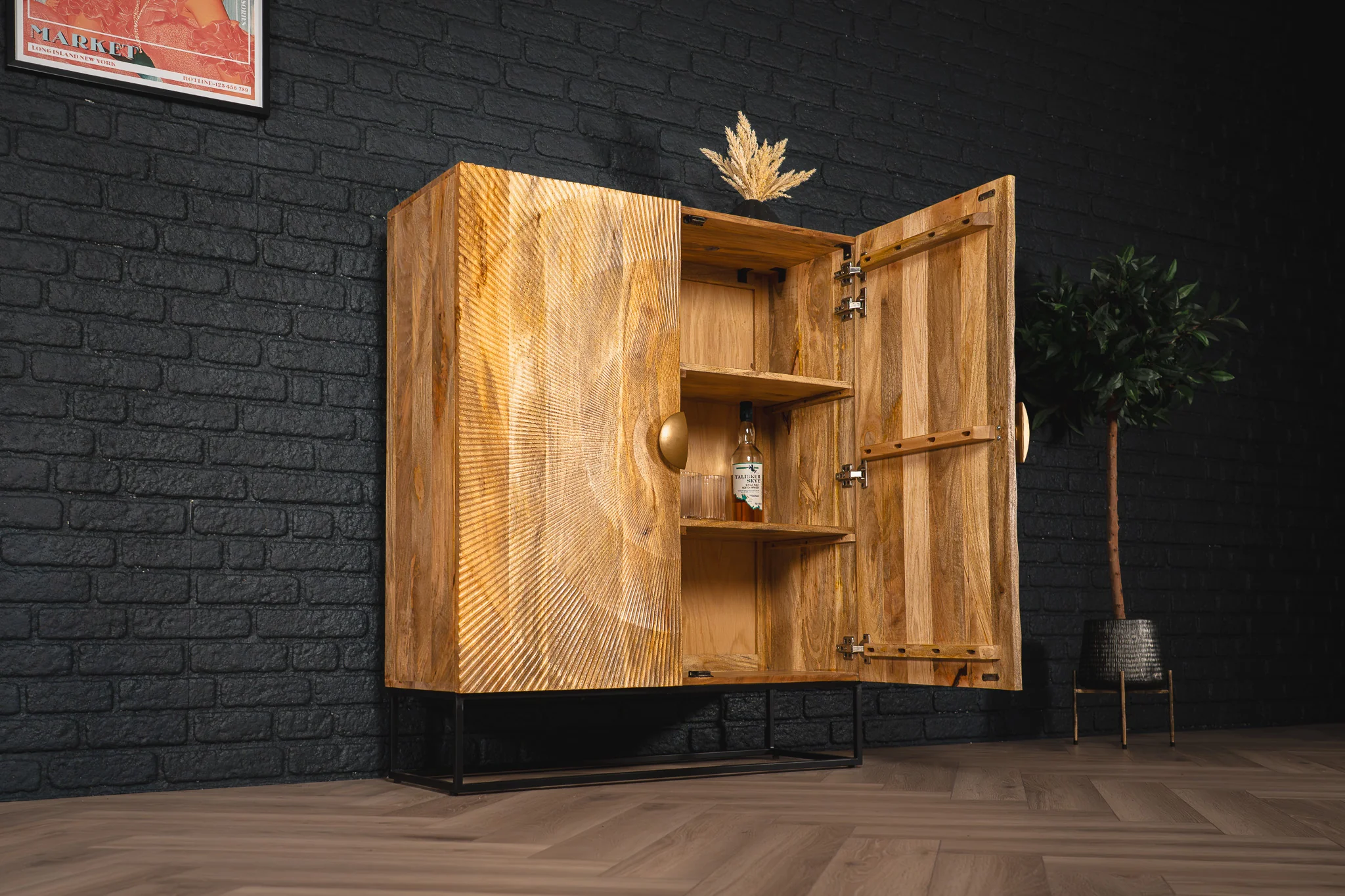Solid Mango Wood Storage Cabinet Natural Brown 120 cm with Black Base – Sunset - Image 7