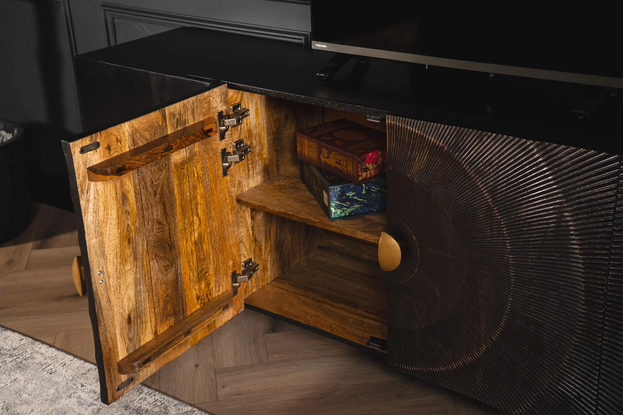 Solid Mango Wood Floating TV Unit Natural Brown 180 cm with Curved Front – Sunset - Image 7