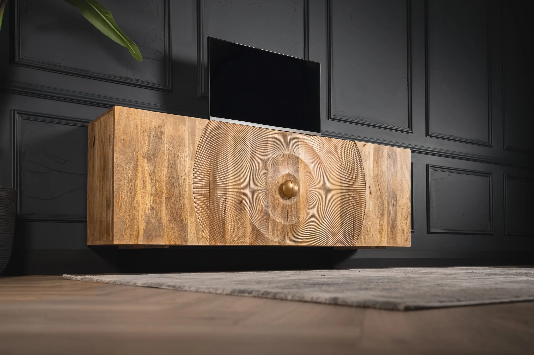 Solid Mango Wood Floating TV Unit Natural Brown 180 cm with Curved Front – Sunset - Image 3