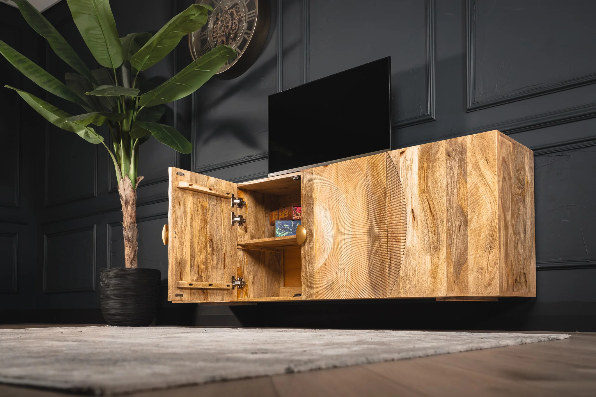 Solid Mango Wood Floating TV Unit Natural Brown 180 cm with Curved Front – Sunset - Image 6