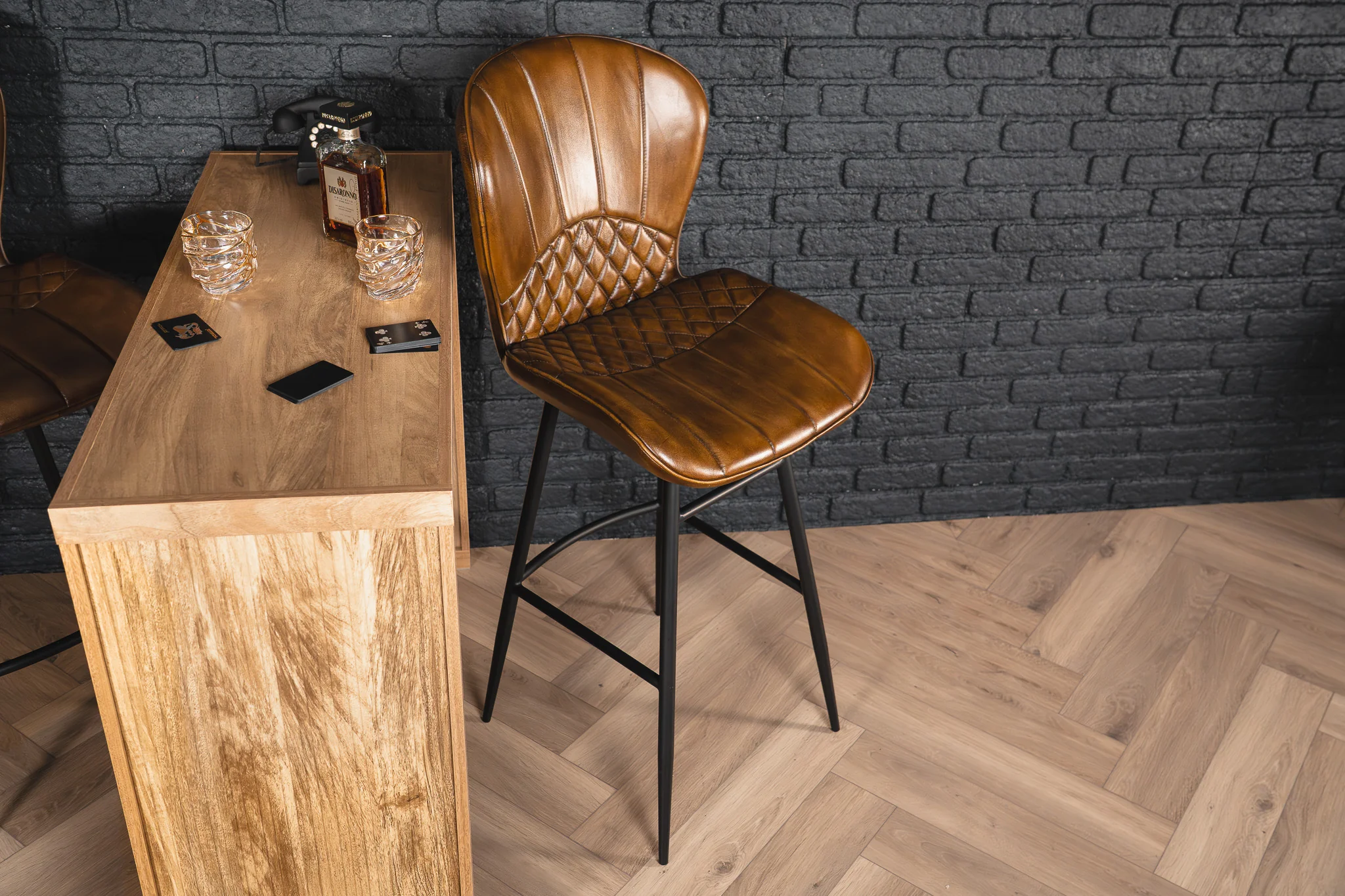 Genuine Leather Bar Stool Antique Brown with Black Legs – Valencia Curve - Image 6