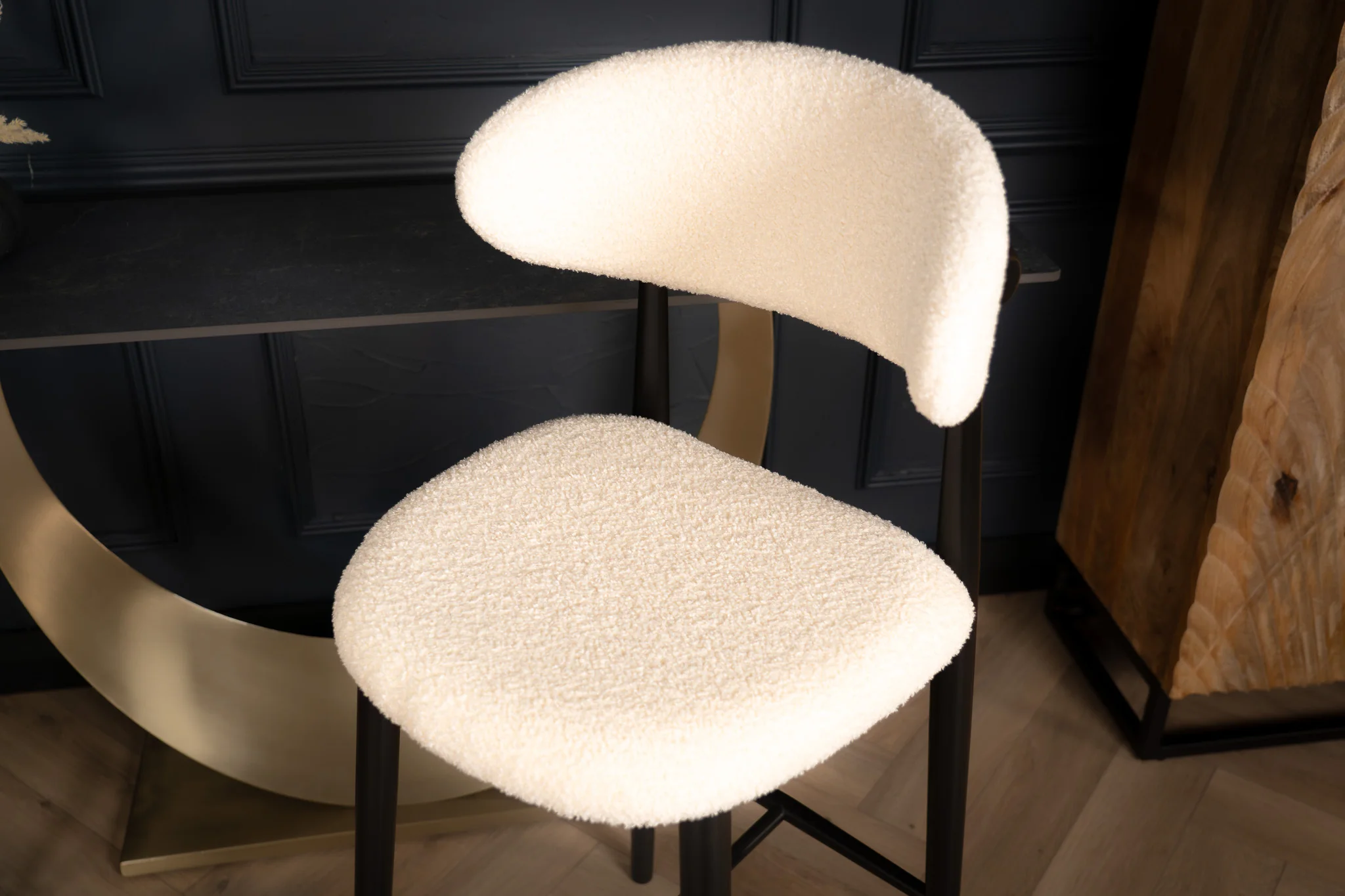 Bouclé Bar Stool White with Black Wooden Legs – Vita - Image 3
