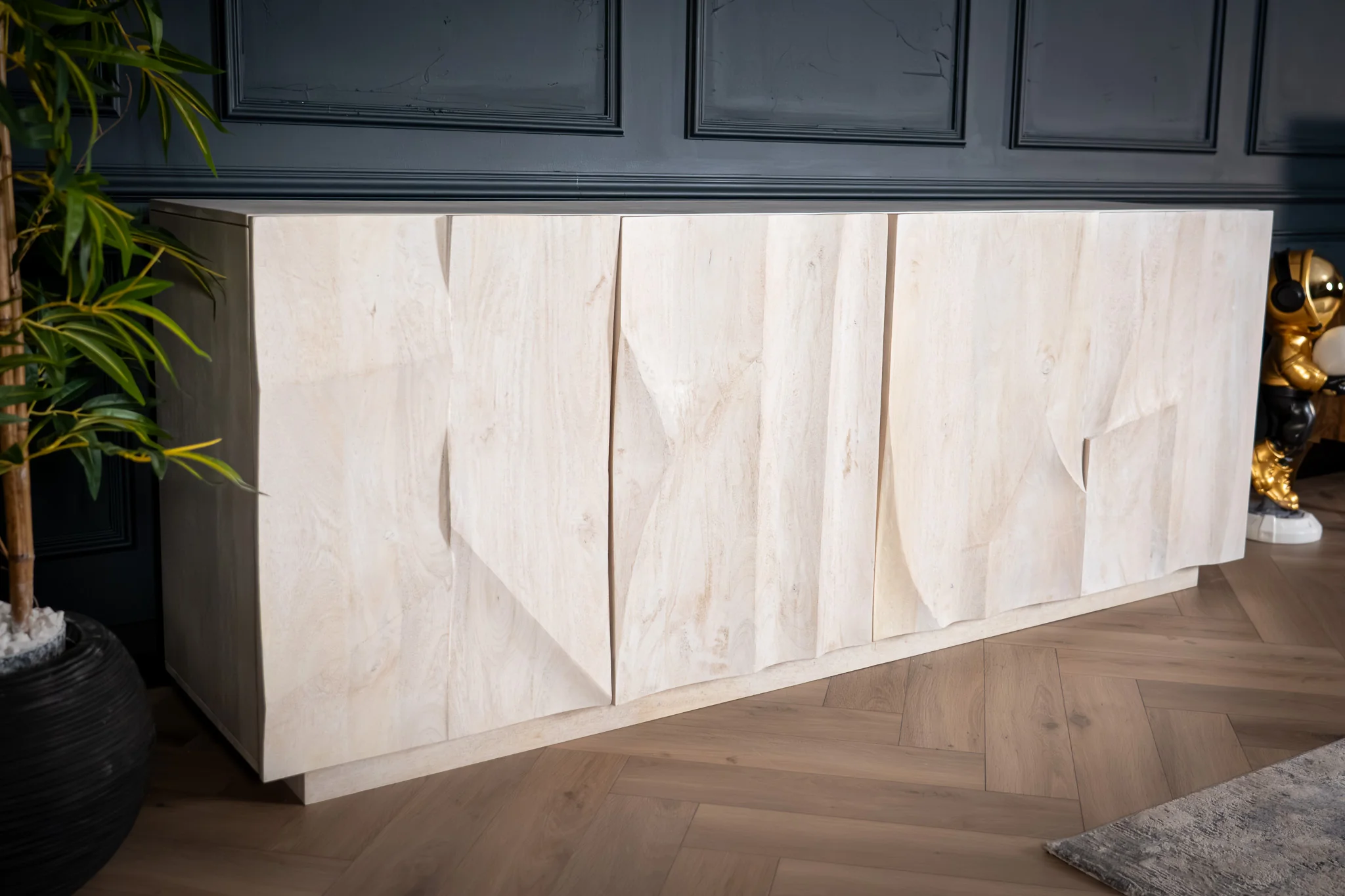 Solid Mango Wood Sideboard White 213 cm – White Mountain 3D Carved Front - Image 4