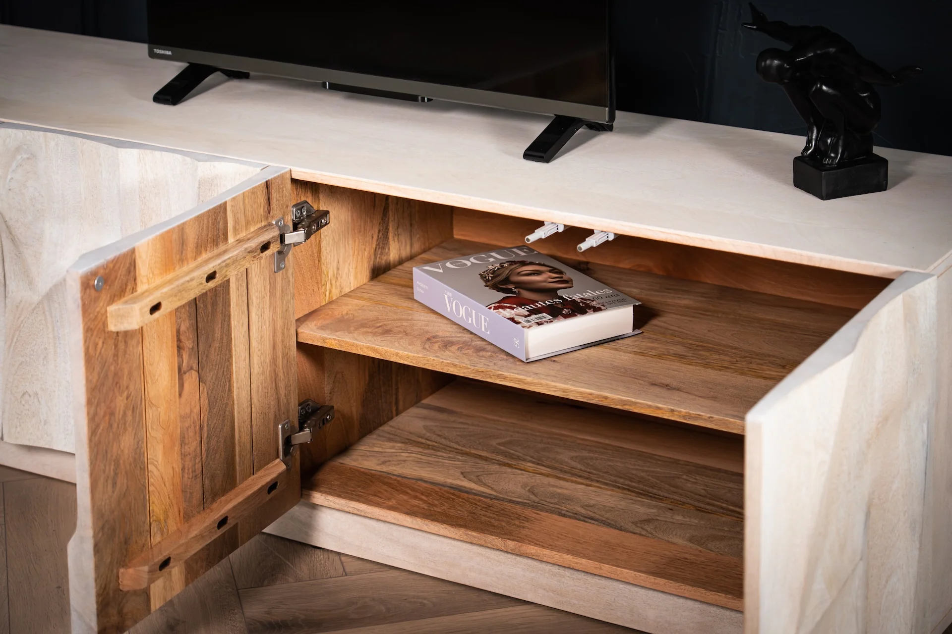 Solid Mango Wood TV unit White 170 cm – White Mountain 3D Carved Front - Image 6