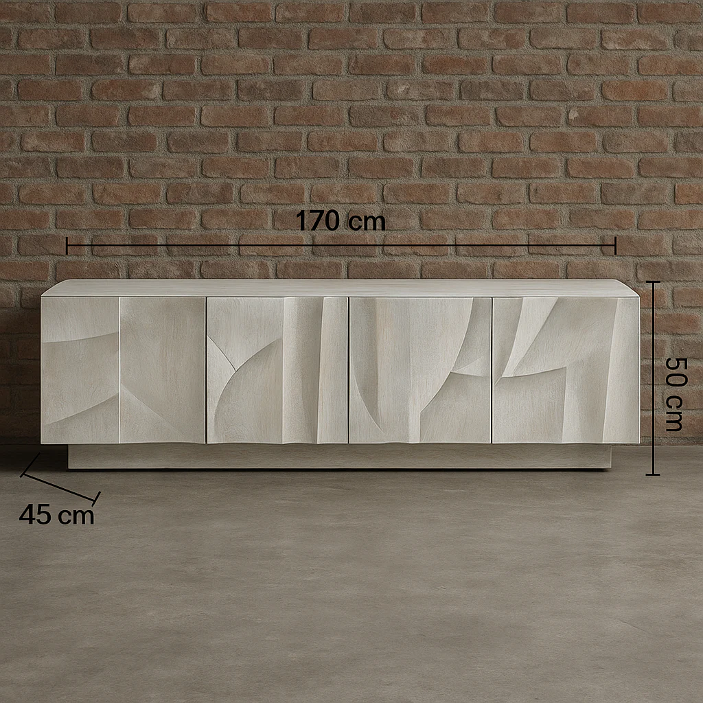 Solid Mango Wood TV unit White 170 cm – White Mountain 3D Carved Front - Image 9