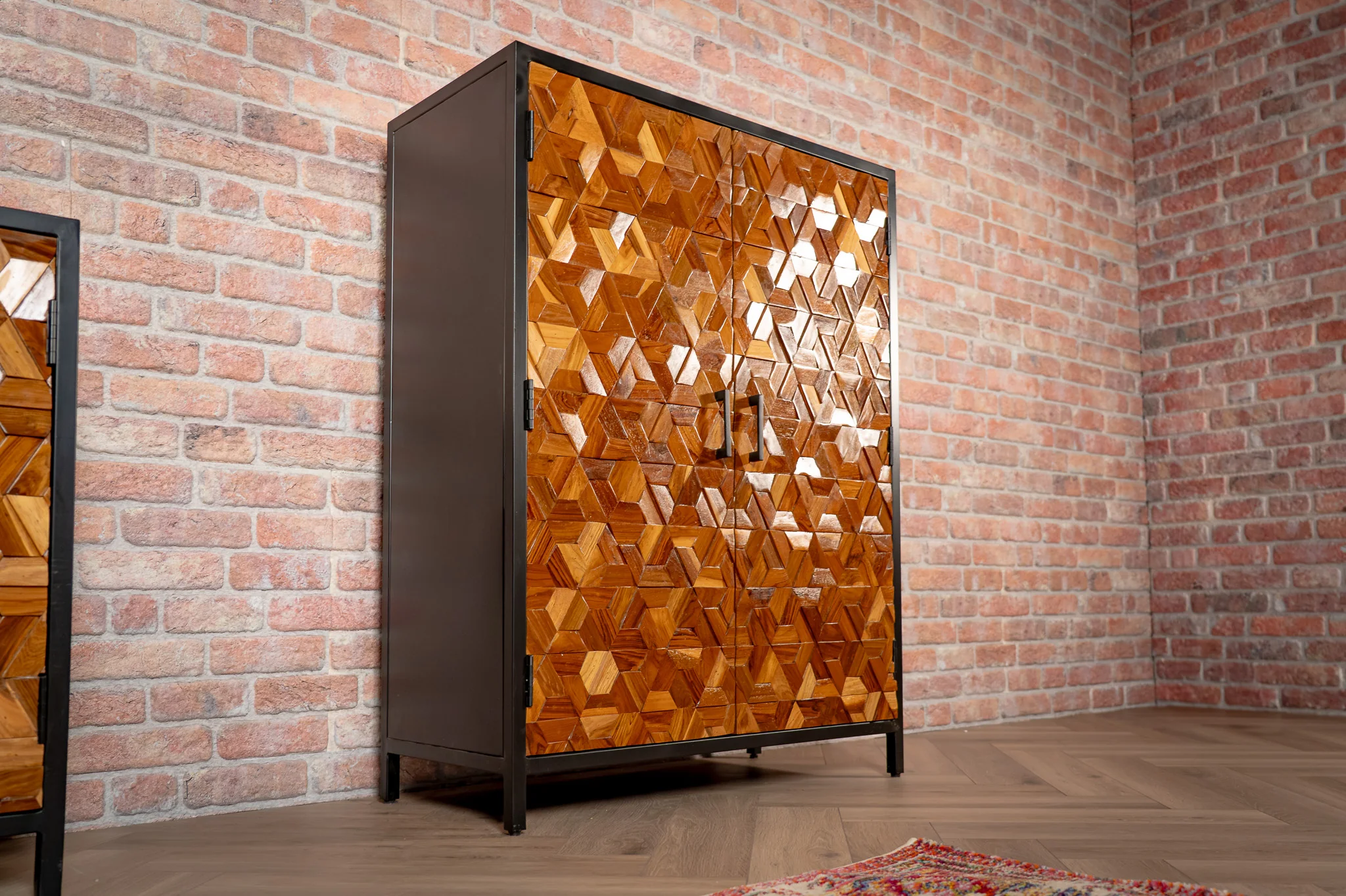 Solid Recycled Teak and Acacia Wood Cabinet 120 cm with 3D Geometric Front – Woodcraft - Image 3