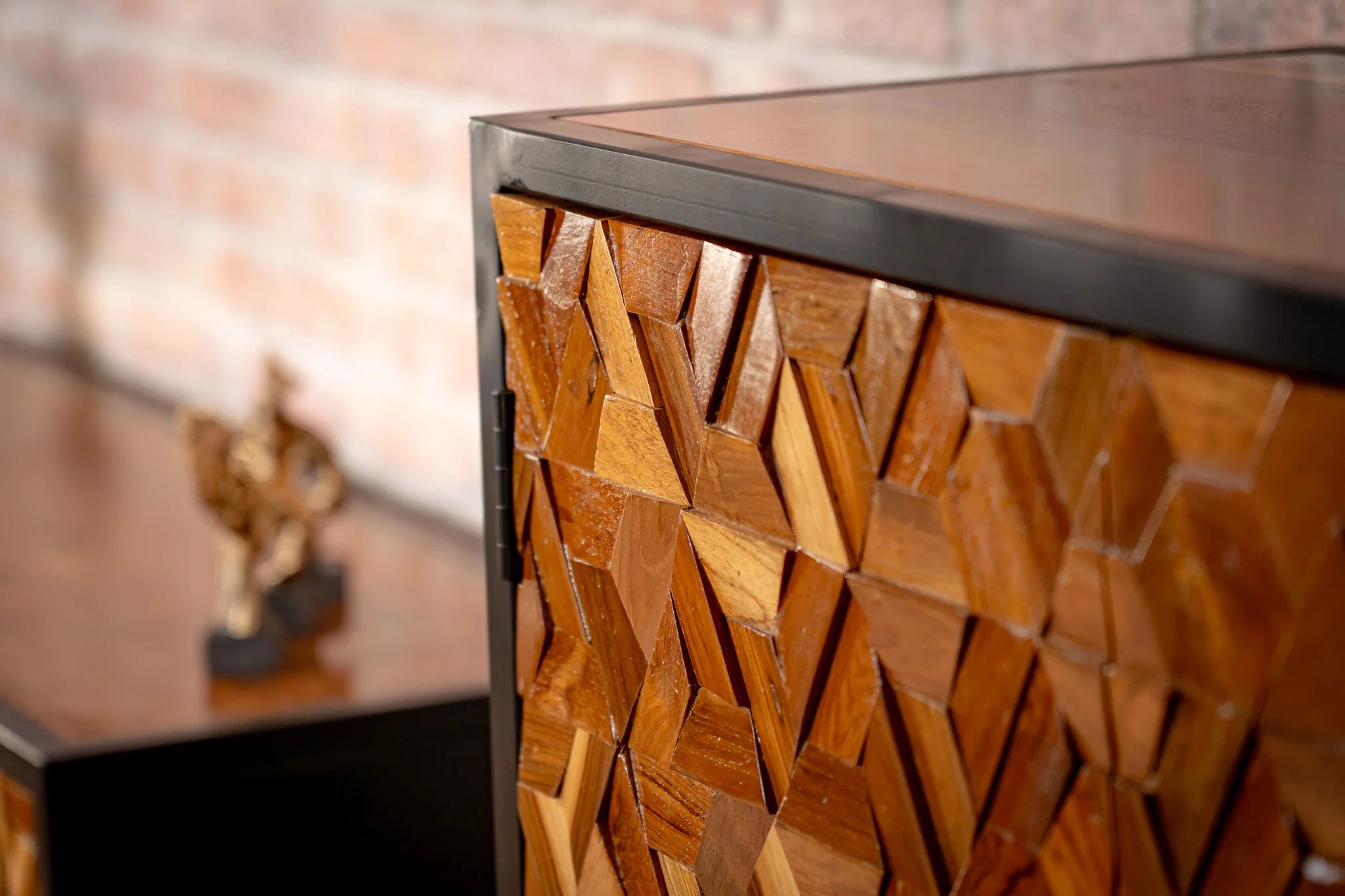 Solid Recycled Teak and Acacia Wood Cabinet 120 cm with 3D Geometric Front – Woodcraft - Image 5